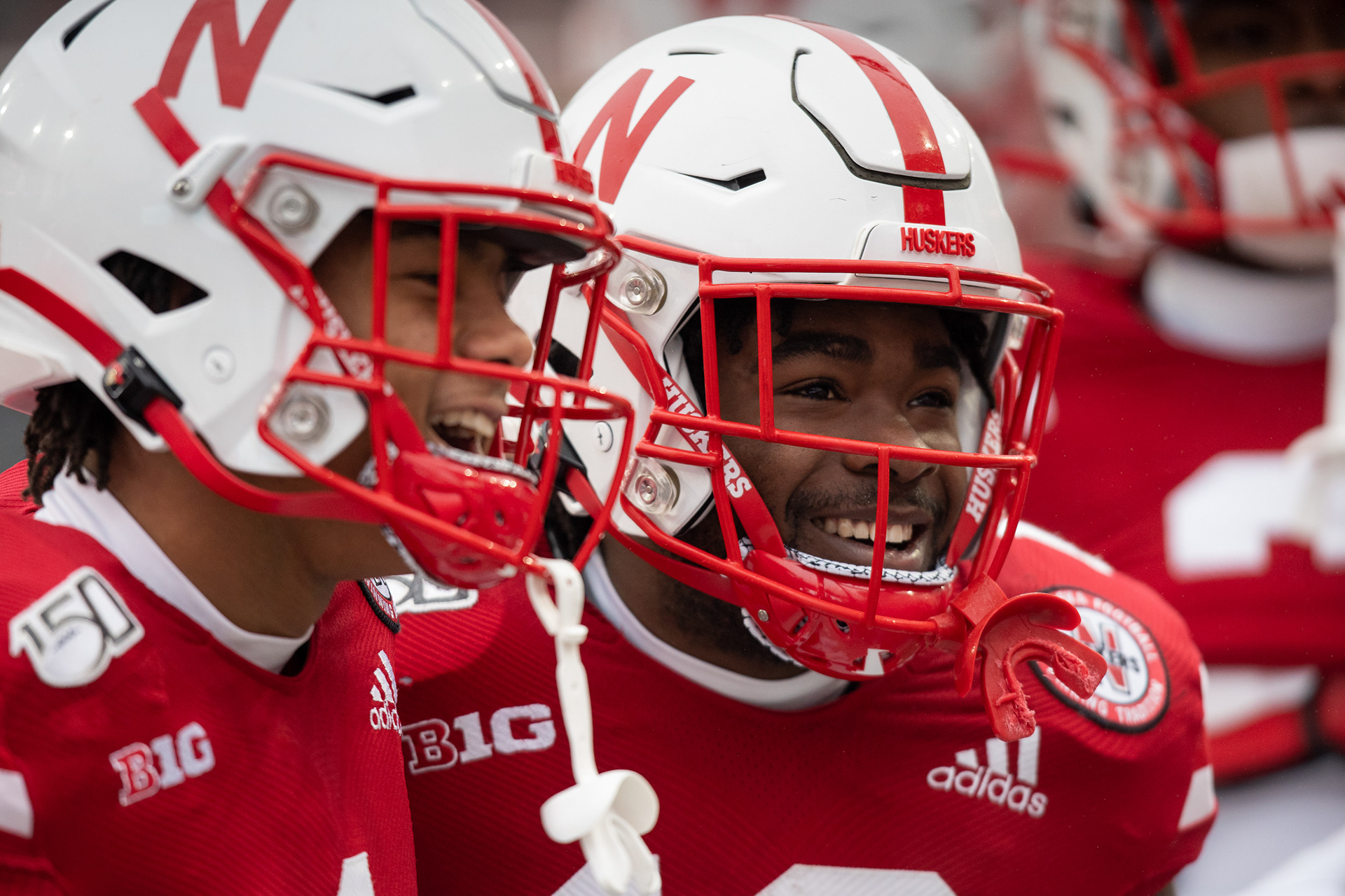 Nebraska's JD Spielman (right) and Wan'Dale Robinson smile as they walk off the field before the game against Iowa at Memorial Stadium in Lincoln, Nebraska. 11.29.19.