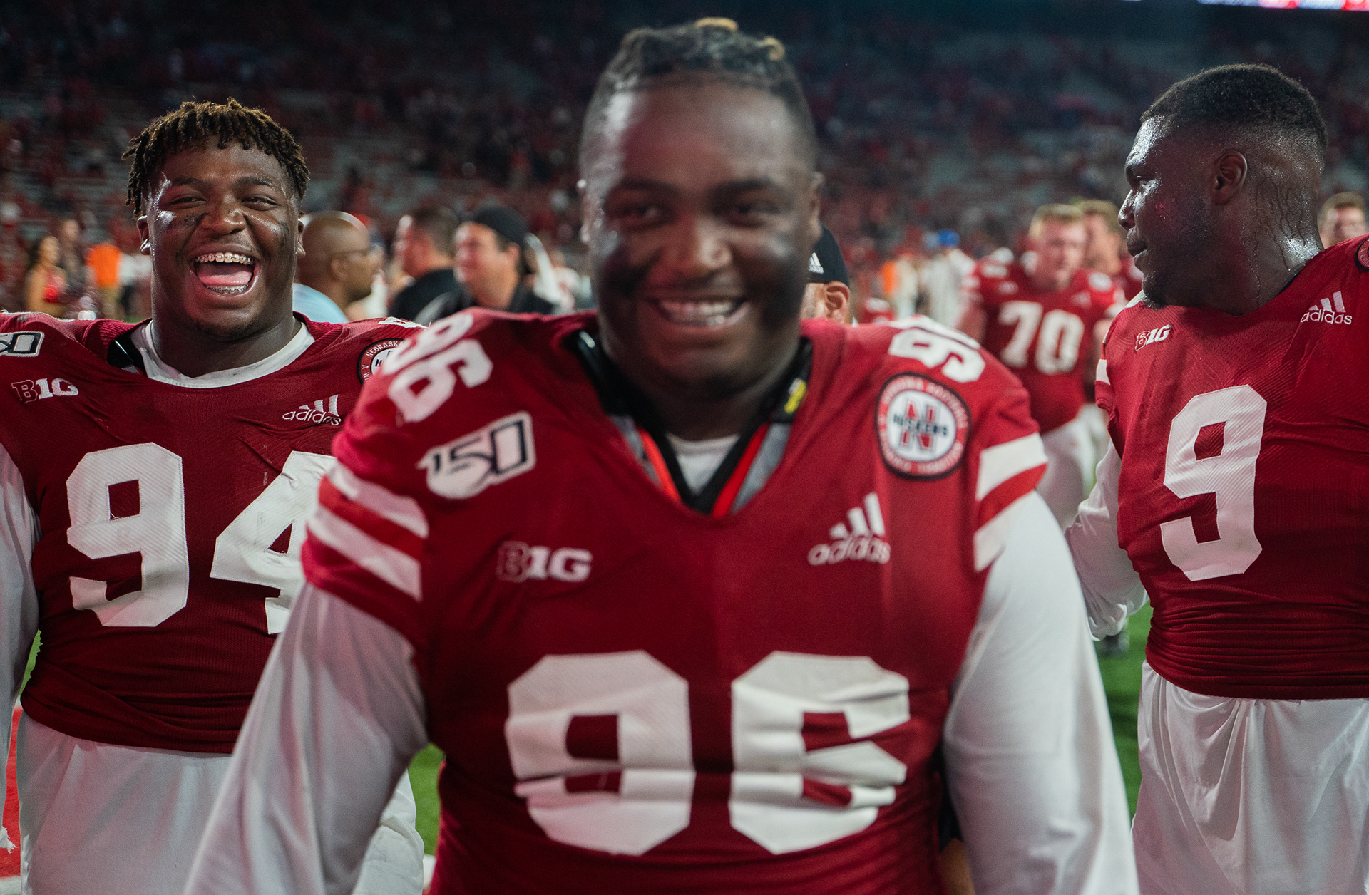 Nebraska's Khalil Davis (94), Carlos Davis (96) and Daishon Neal walk off the field after the game against Northern Illinois at Memorial Stadium in Lincoln, Nebraska. 09.14.19.