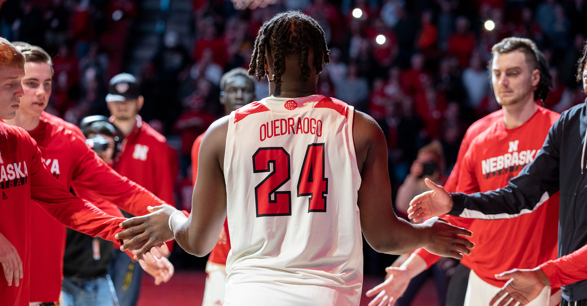 Nebraska’s Yvan Ouedraogo (24) is introduced before the match against Michigan at Pinnacle Bank Arena in Lincoln, Nebraska. 01.28.20.