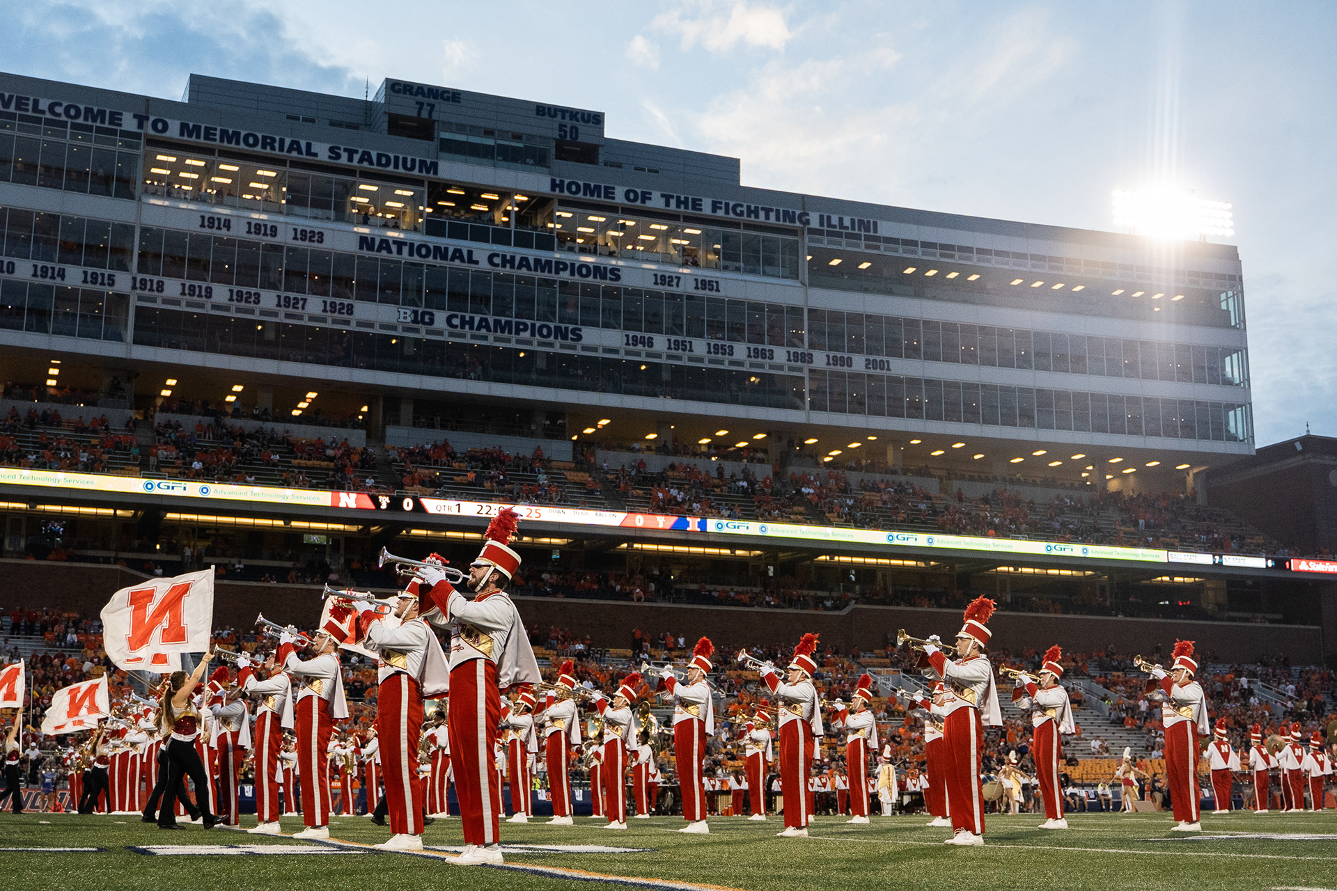The Nebraska Cornhusker Marching Band performs at Memorial Stadium in Champaign, Illinois. 09.21.19.