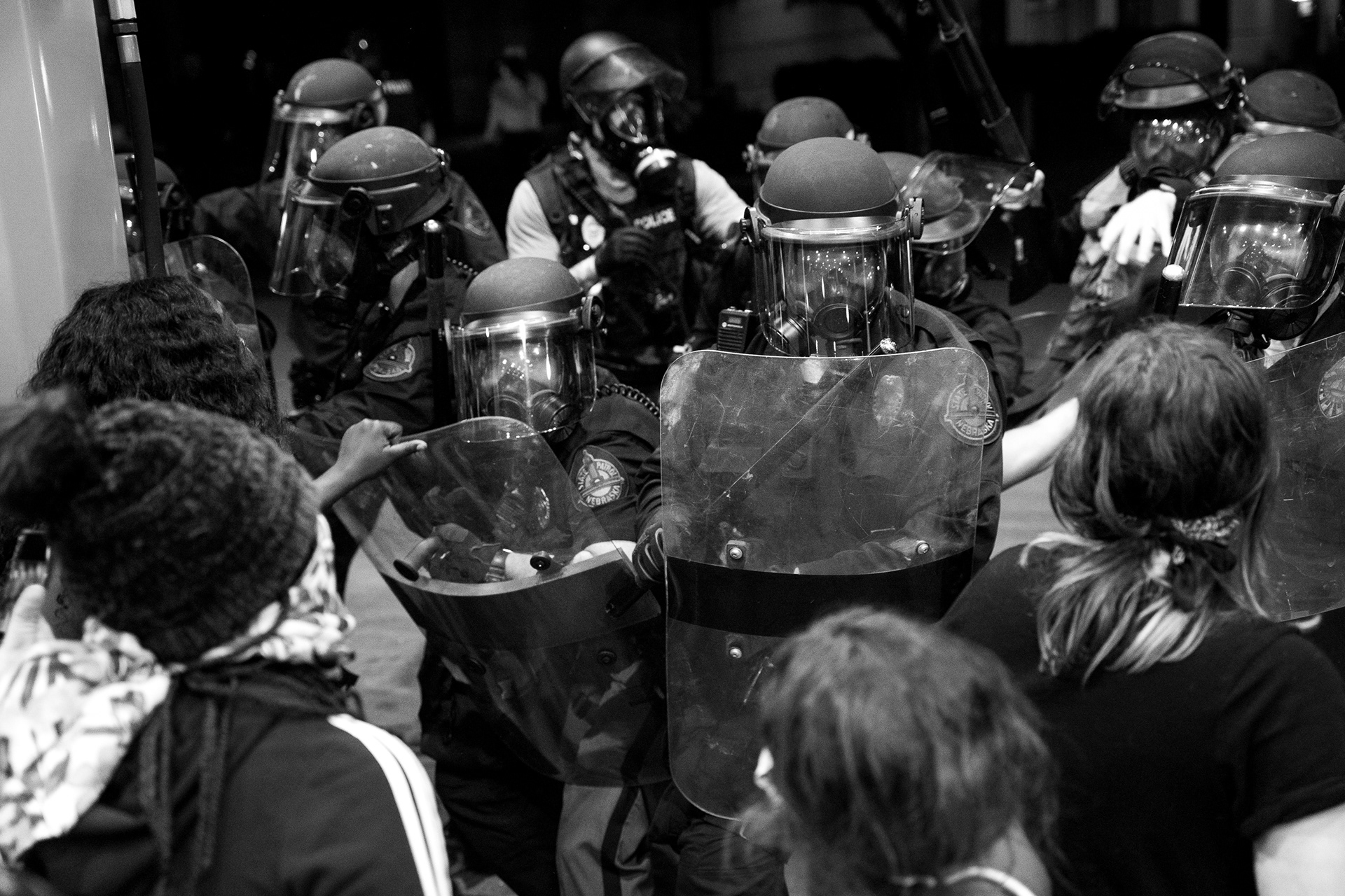 Protesters clash with members of the Nebraska State Patrol during a George Floyd protest in Lincoln, Nebraska. 05.30.20.