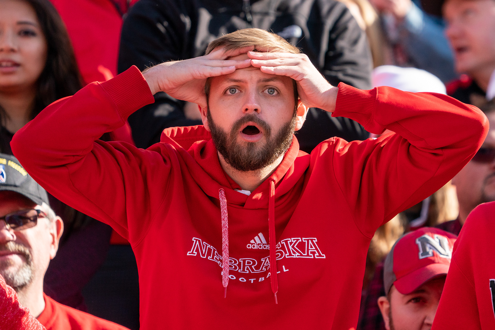 A Nebraska Cornhuskers fan reacts to a call during the second quarter in the game against the Ohio State Buckeyes at Memorial Stadium. 11.06.2021.