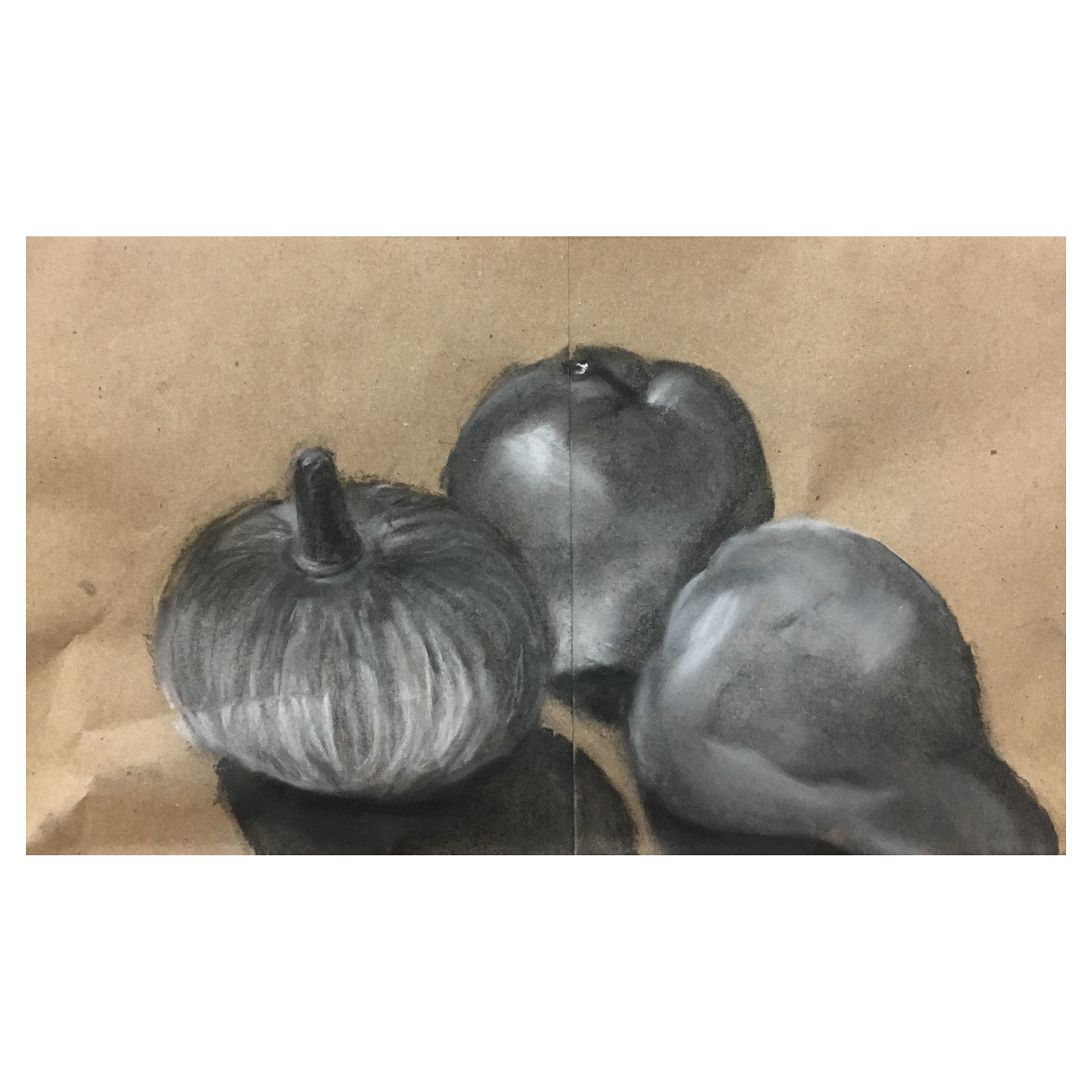 still life no. 3, charcoal on paper bag, c. 2019