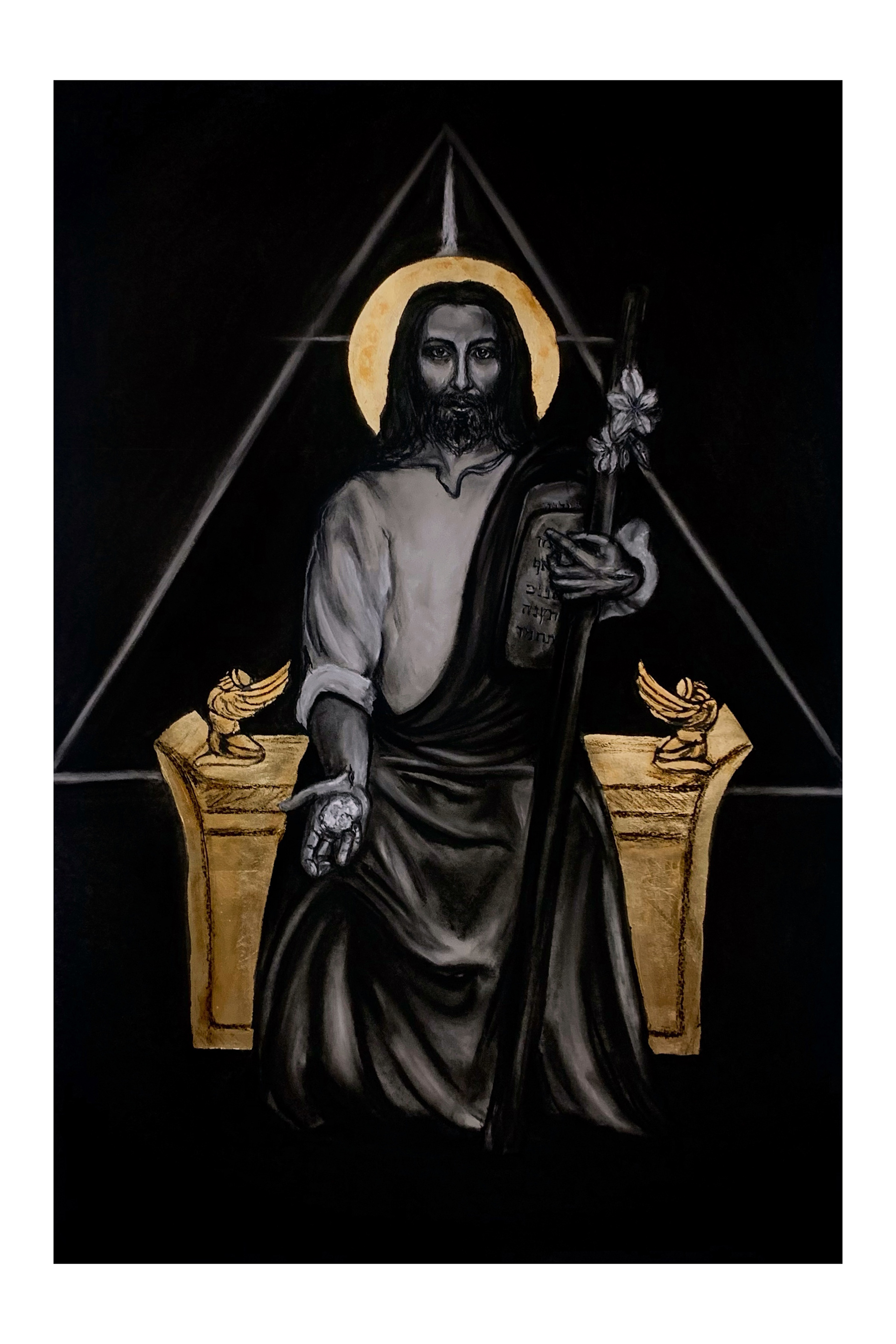 Mercy Seat, 24x36", charcoal & gold leaf on toned paper, c.2024