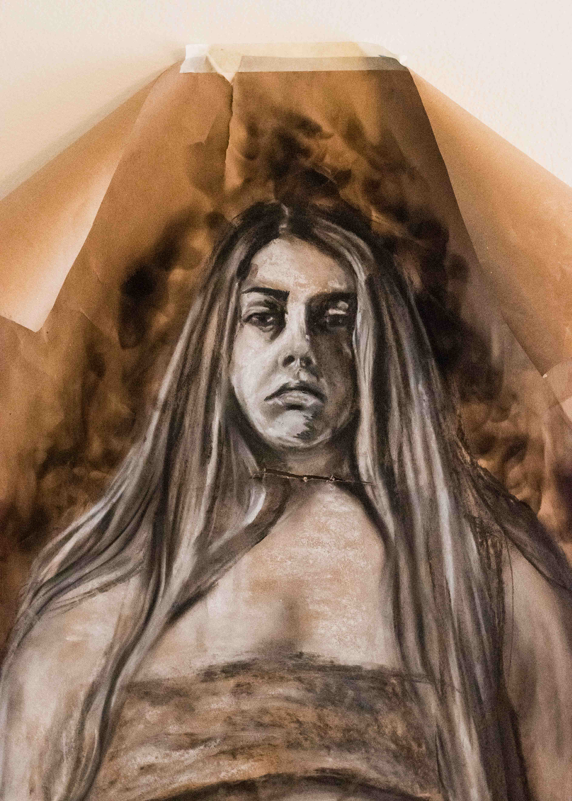 Mortification (close up), 72x30", mixed media (charcoal, fumage, wax on toned paper), c.2023