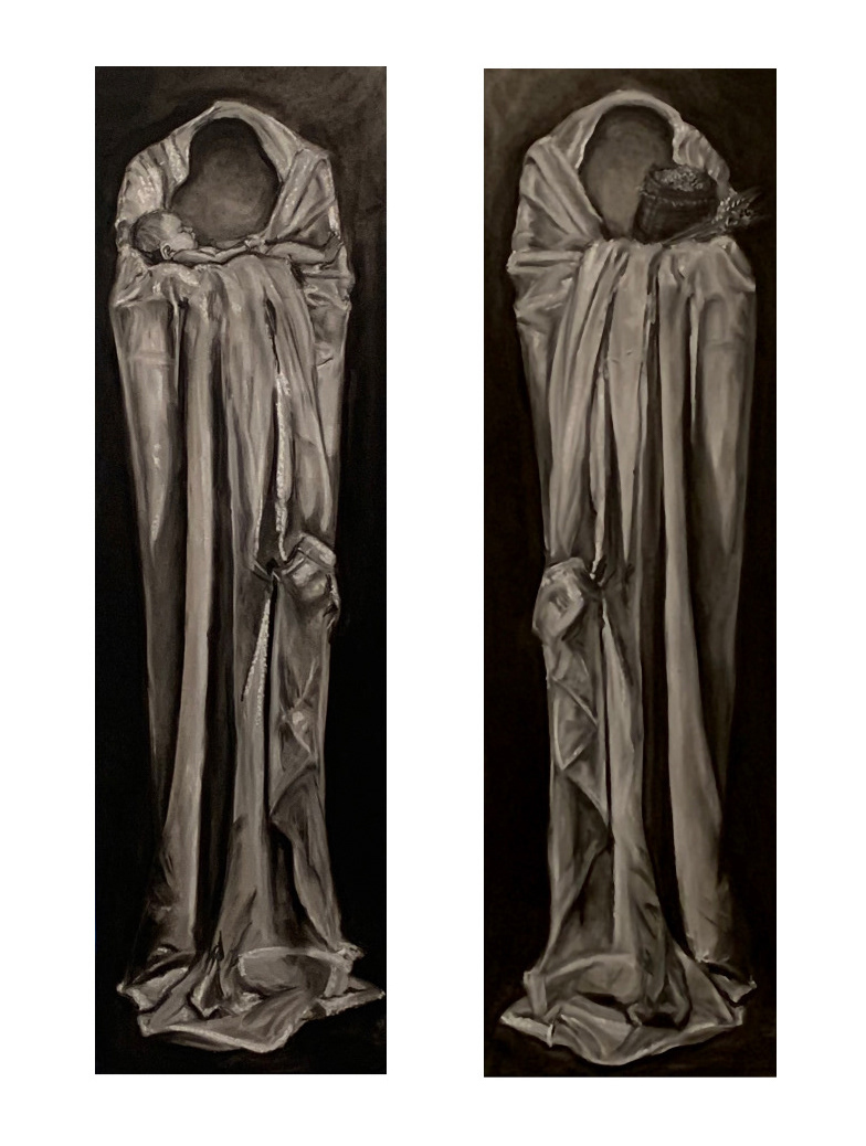 Cloak of Joseph subtitle Salvator Mundi (savior of the world), charcoal on toned paper, diptych 12x36" c. 2022