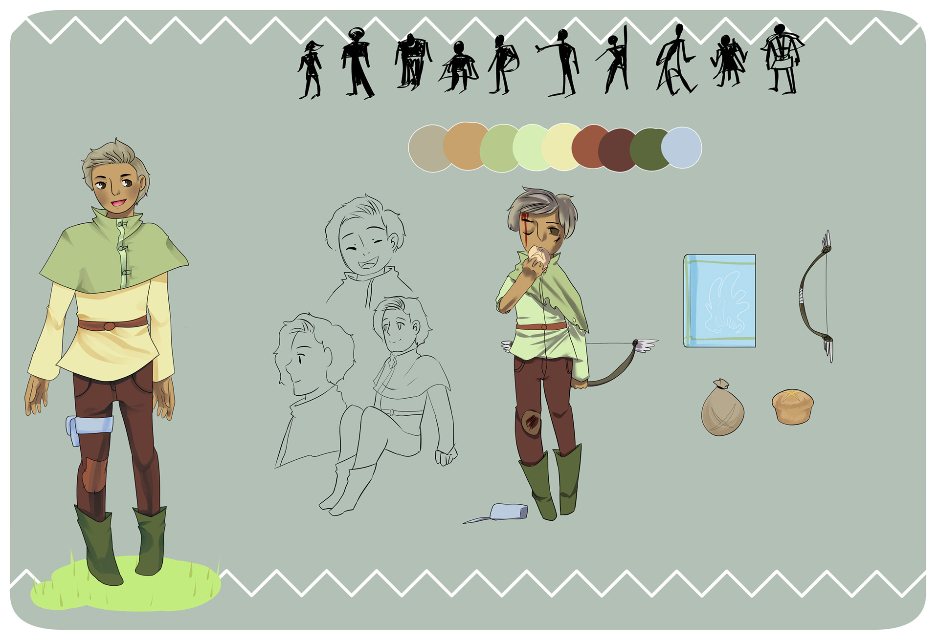 The Prince's redesign. Includes thumbnail sketches, color palette, facial sketches, and items.