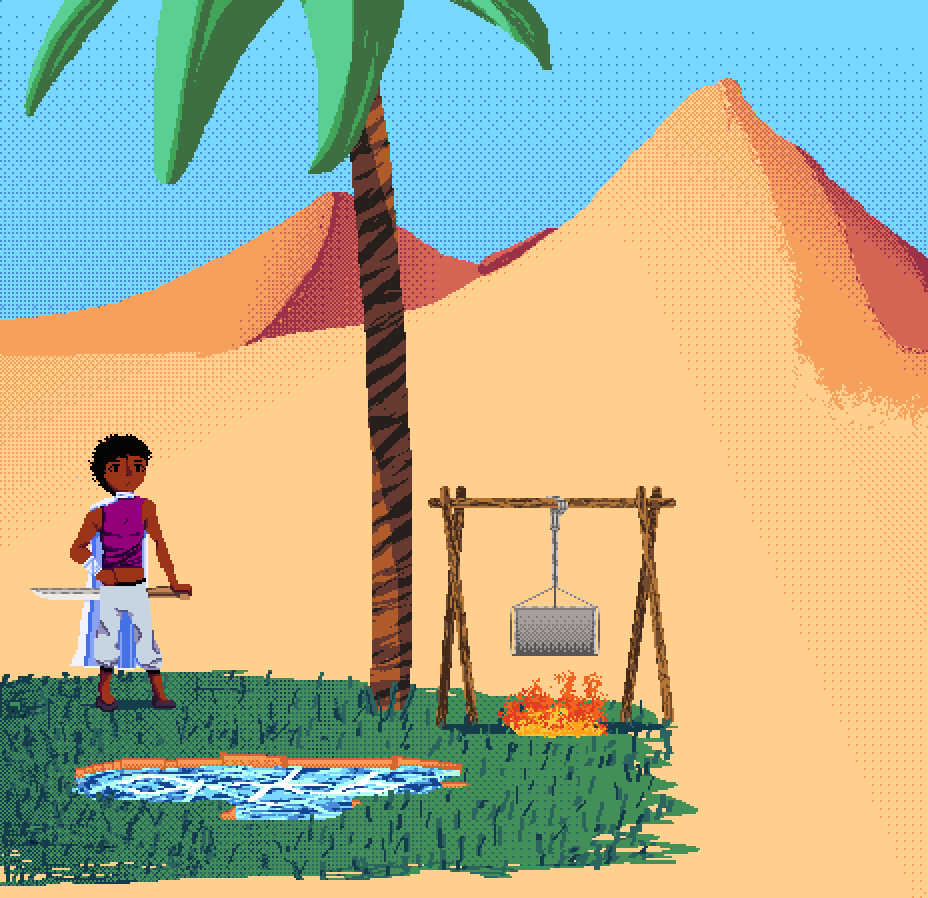 A boy in a desert oasis. Made as an experiment with Aseprite's gradient tool.