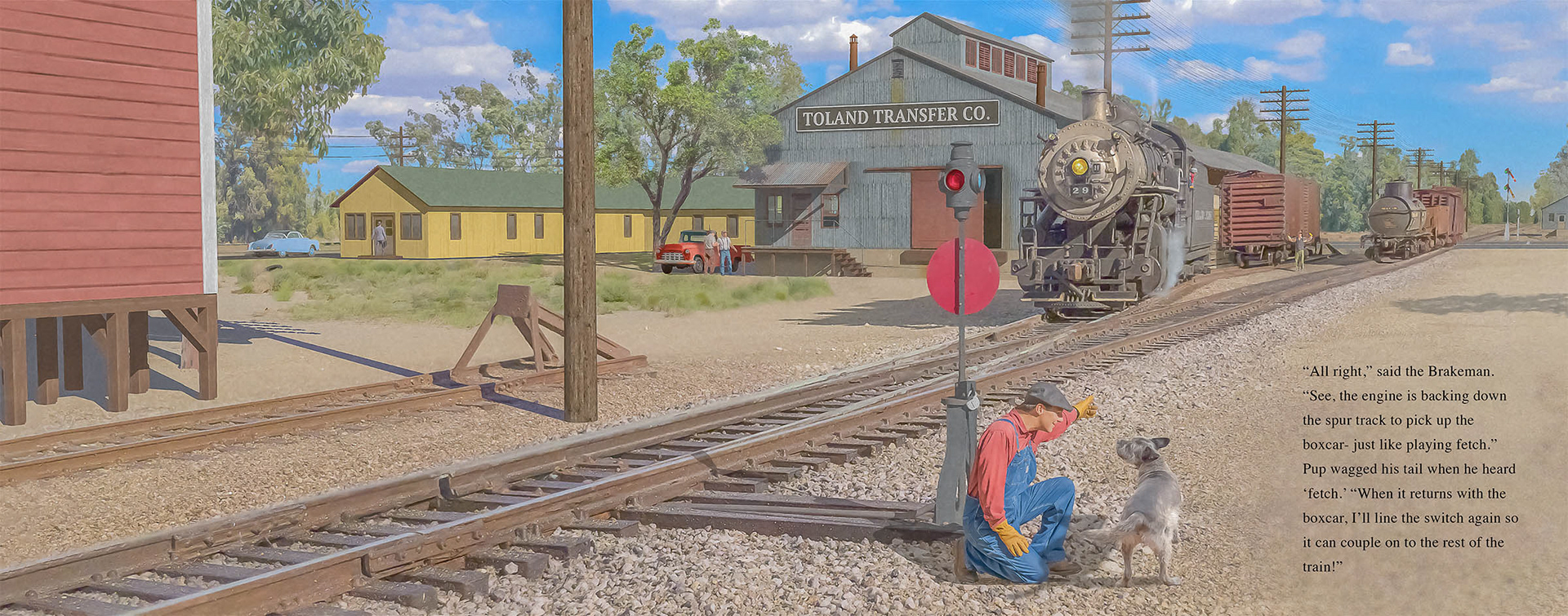 Pup learns about trains. Purchase the book to see more!