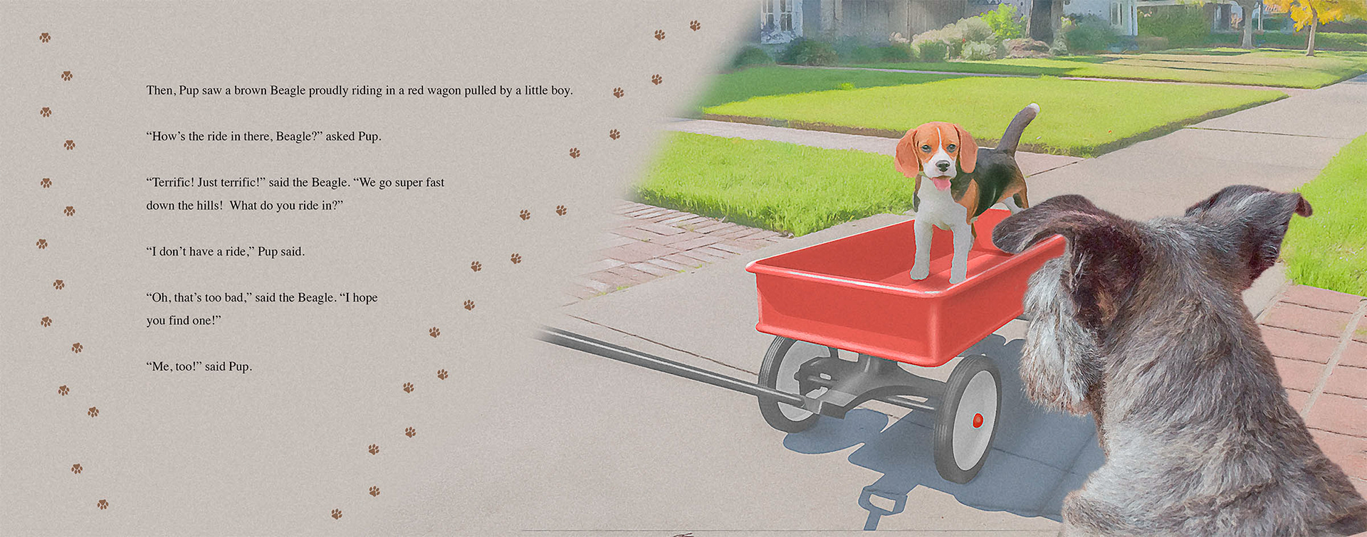 Pup meets a dog riding in a wagon