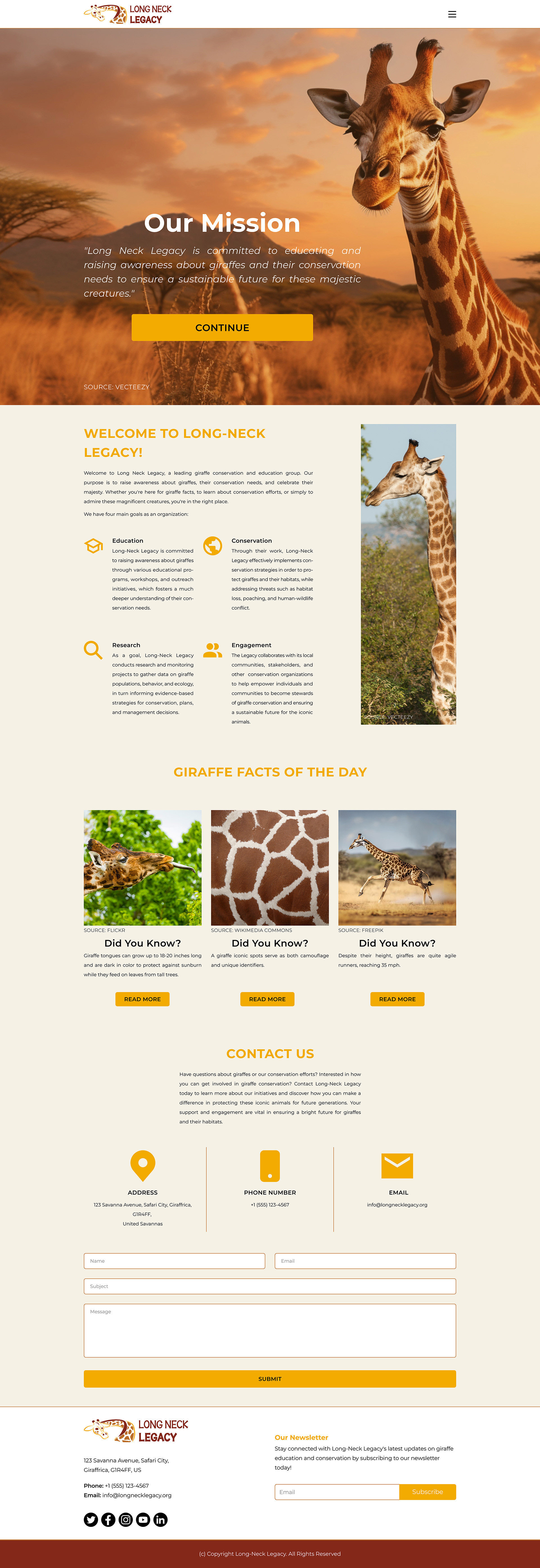 Image of the home/index page of the Long-Neck Legacy website optimized for a landscape orientation iPad Pro screen, with a hero image featuring overlay text of their mission statement, the organization’s goals, giraffe facts of the day, and a contact form