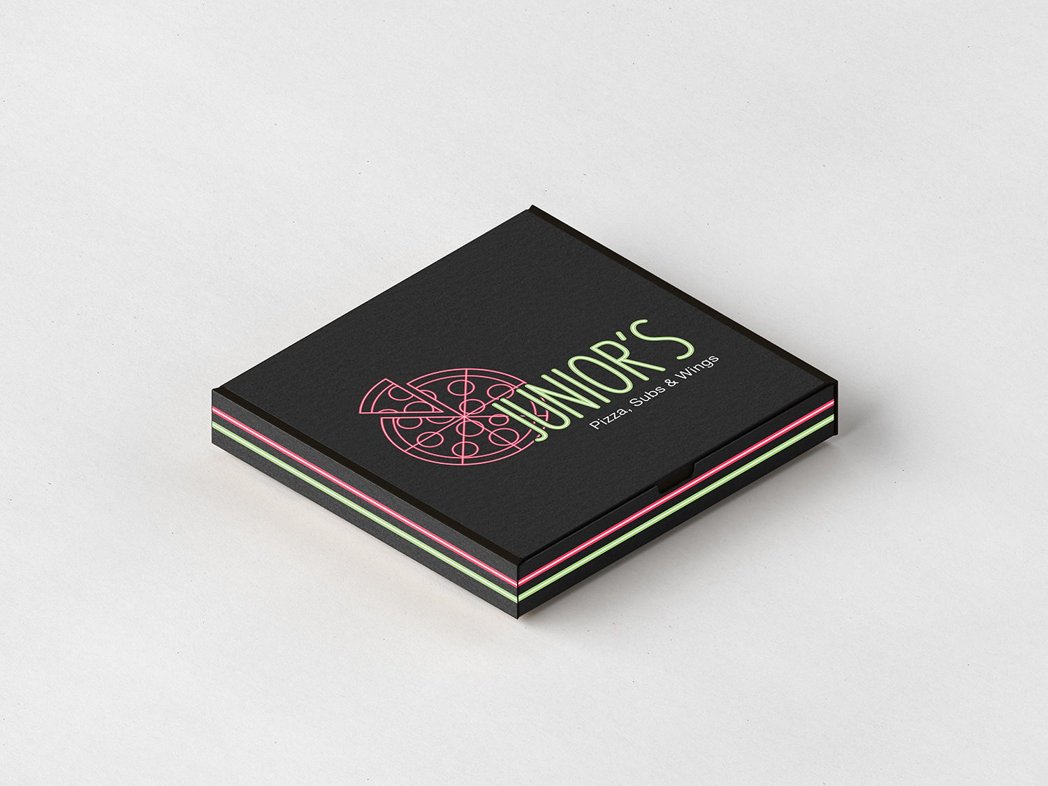 Mock-up of a pizza box featuring Junior’s Pizza, Subs & Wings logo redesign