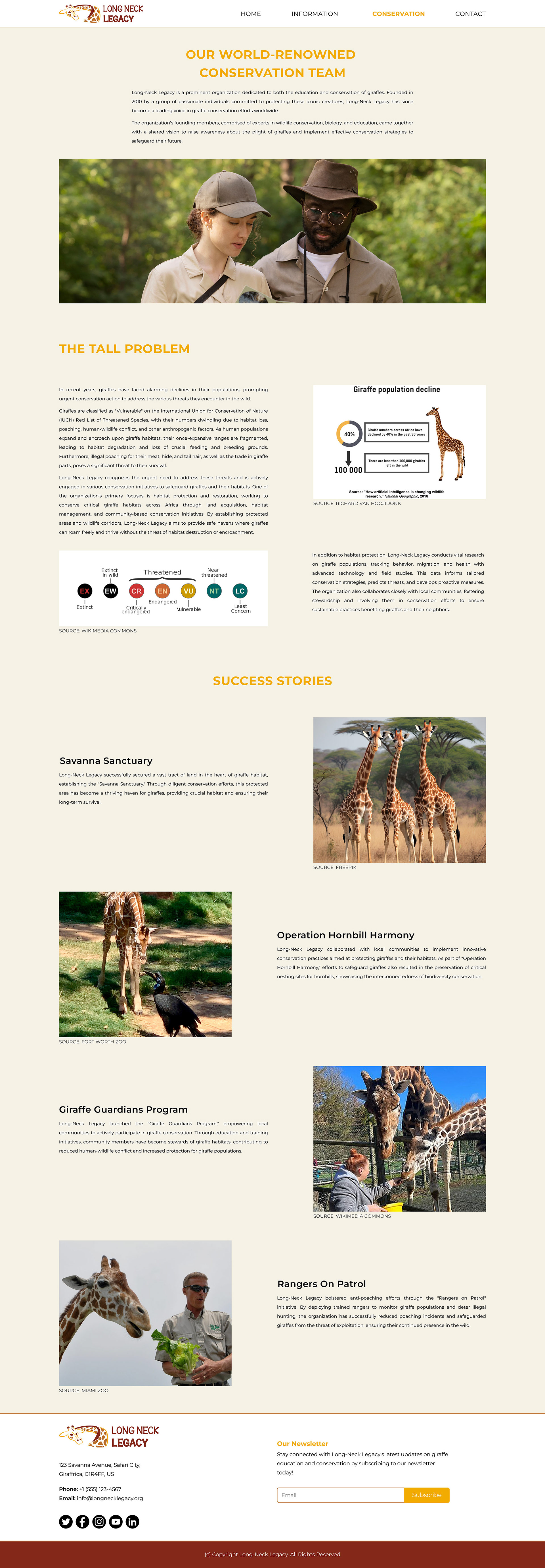 Image of the Conservation page of the Long-Neck Legacy website optimized for a MacBook screen, with sections about the organization’s conservation team, giraffe endangerment, and Long-Neck Legacy’s conservation success stories