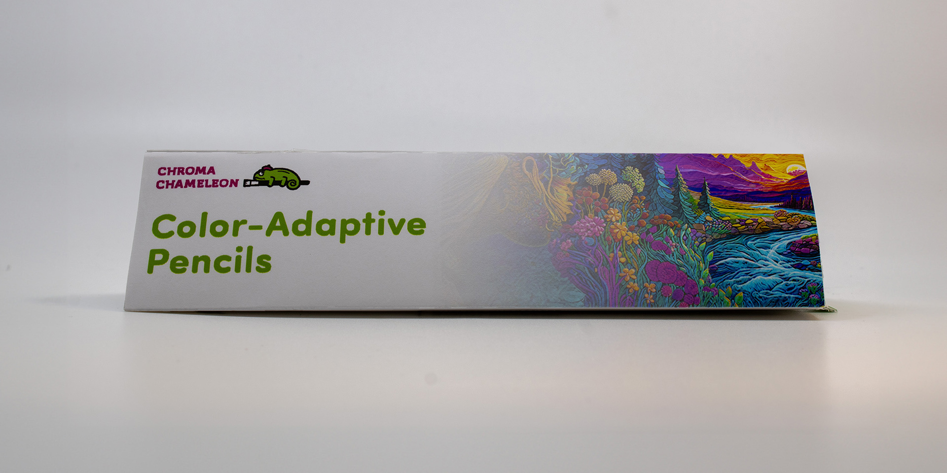 Image of the front of the Chroma Chameleon package design, with the logo, logotype, product name, and supporting graphic