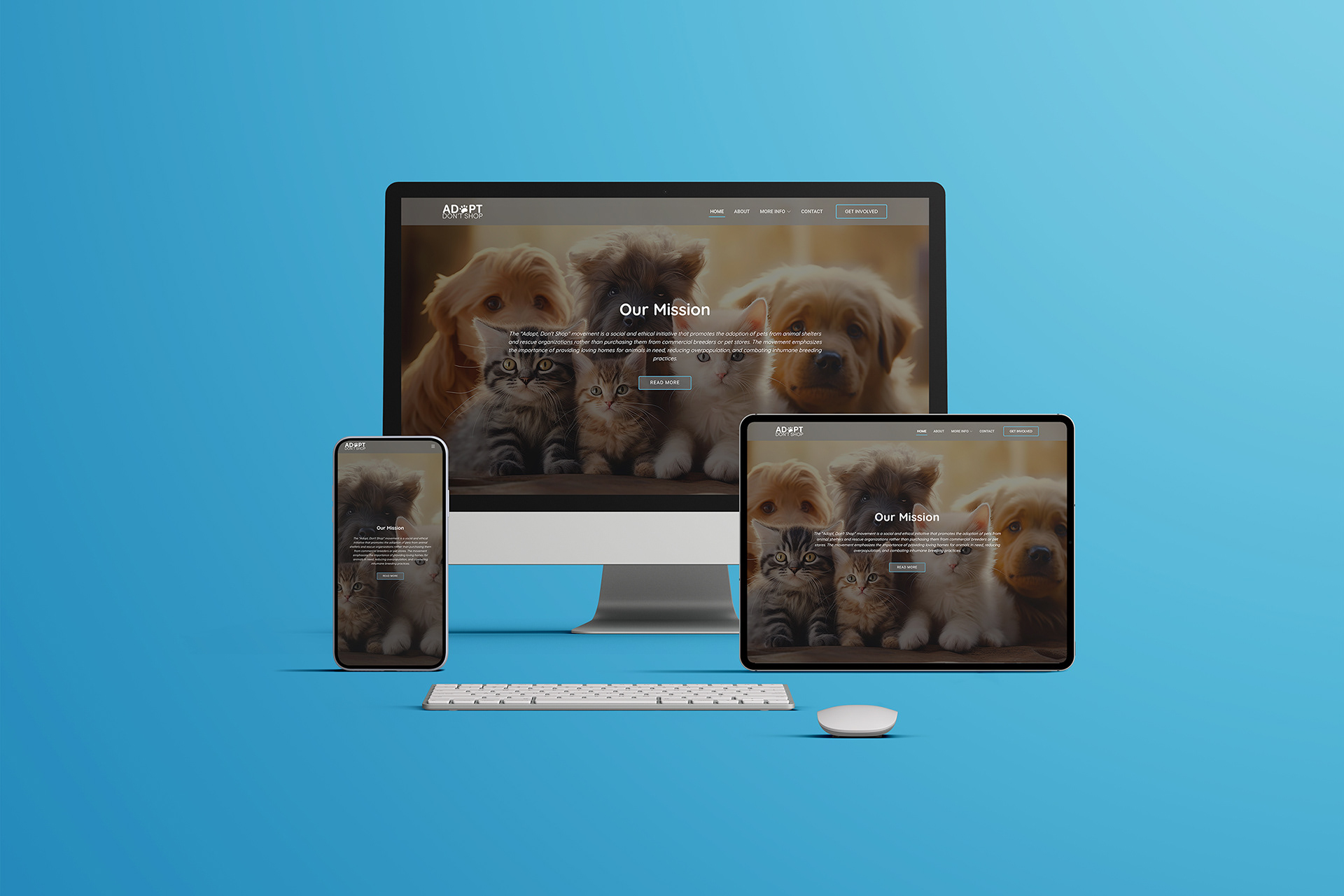 Image of a mockup of the Adopt, Don’t Shop website on a desktop, tablet, and mobile phone screen size, optimized for each