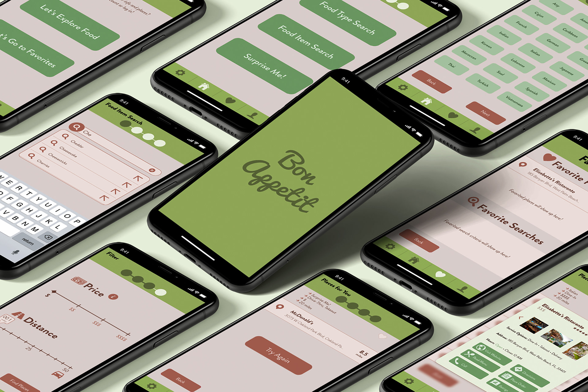 Mock-up of multiple iPhone screens showcasing screens from Bon Appetit application design
