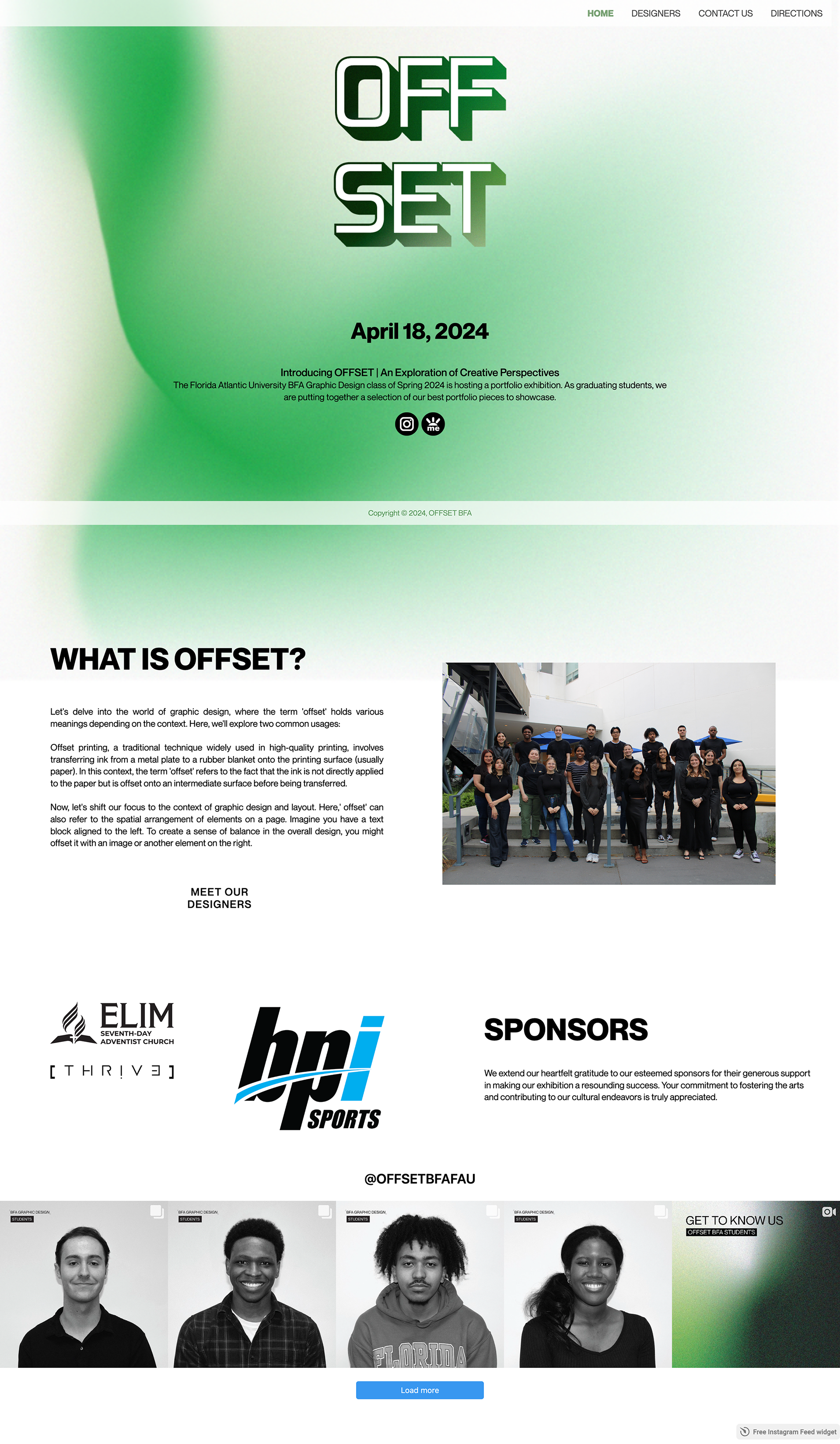 Image of the home/index page of the Offset BFA Exhibition website, which introduces the exhibition, the date of the exhibition, the meaning of the word offset, exhibition sponsors, and social media posts