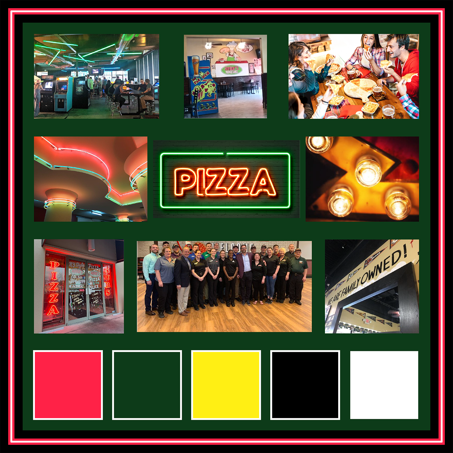 Picture of Junior’s Pizza, Subs & Wings brand moodboard, showcasing the brand’s main color palette and images that blend the 1980s with contemporary design elements
