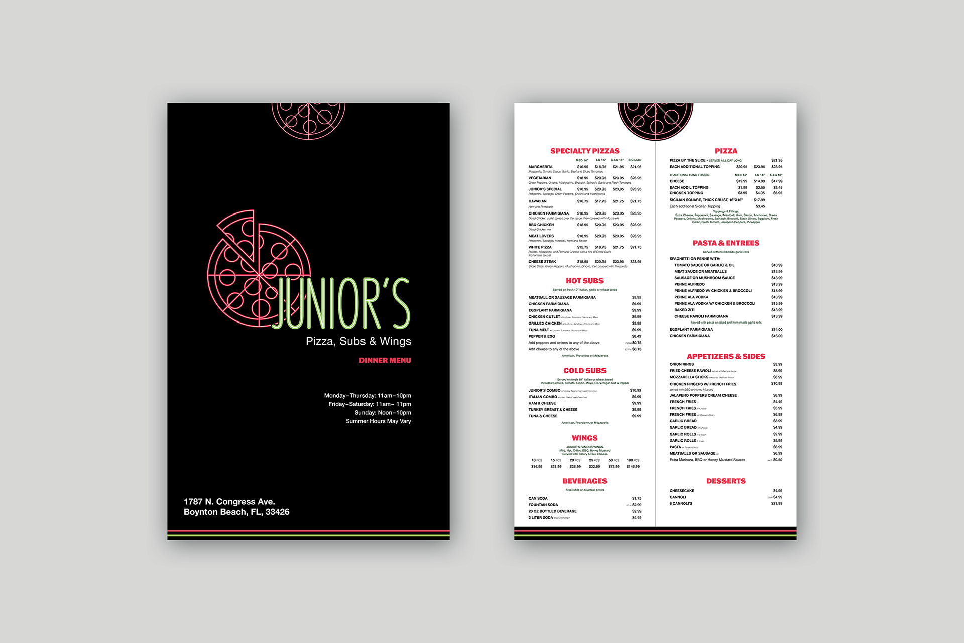 Image of a menu mockup featuring Junior’s Pizza, Subs & Wings logo redesign