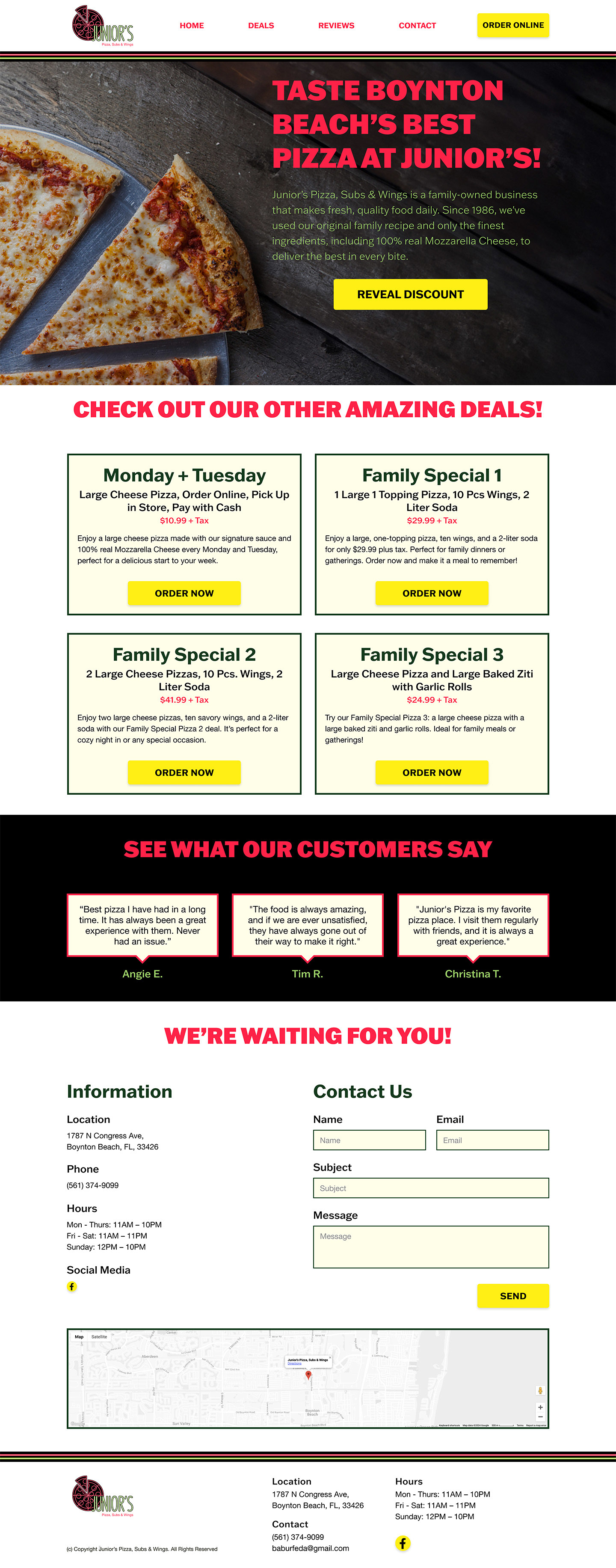 Image of a landing page prototype featuring Junior’s Pizza, Subs & Wings logo redesign