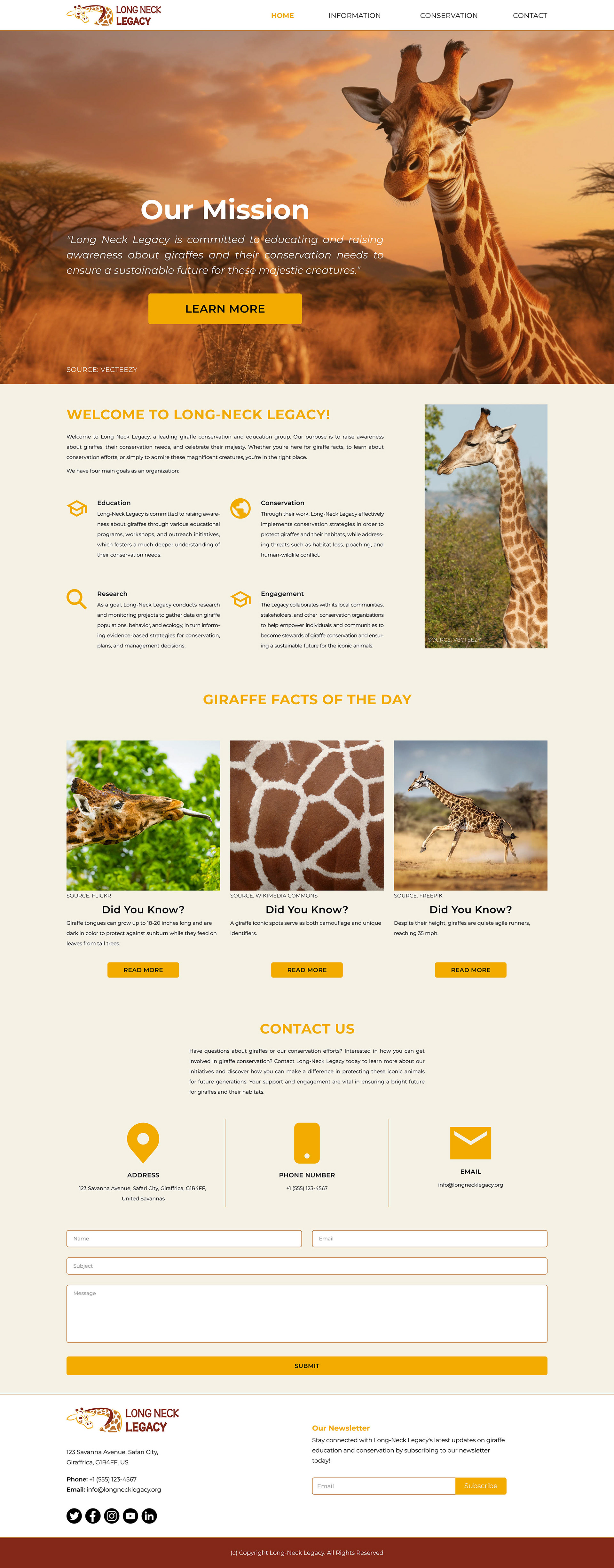 Image of the home/index page of the Long-Neck Legacy website optimized for a MacBook screen, with a hero image featuring overlay text of their mission statement, the organization’s goals, giraffe facts of the day, and a contact form