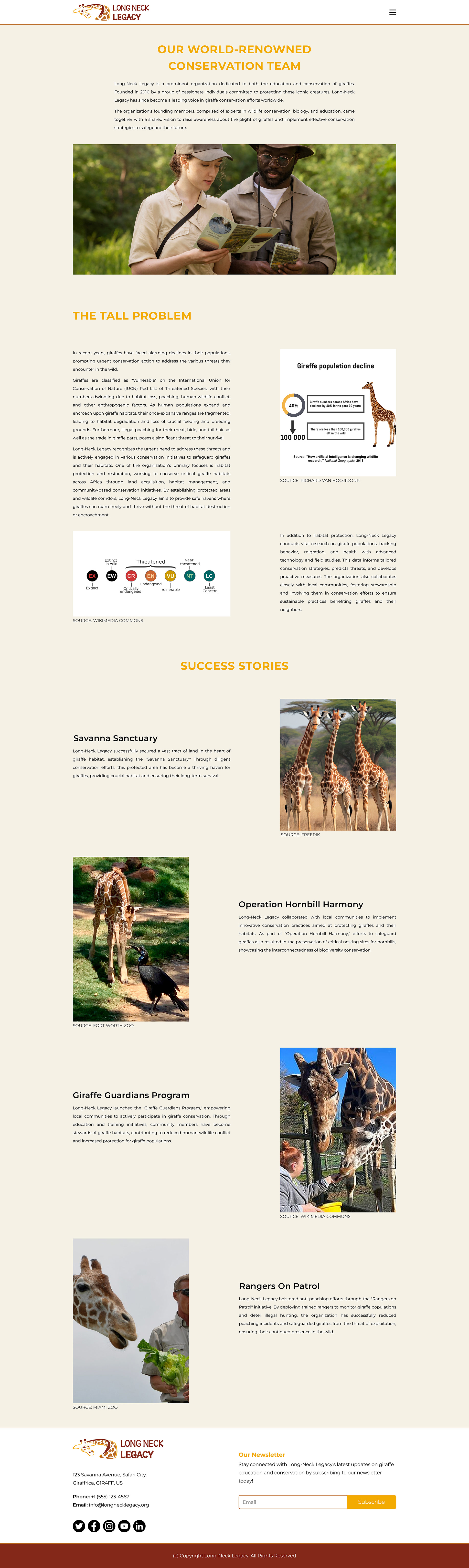 Image of the Conservation page of the Long-Neck Legacy website optimized for a landscape orientation iPad Pro screen, with sections about the organization’s conservation team, giraffe endangerment, and Long-Neck Legacy’s conservation success stories