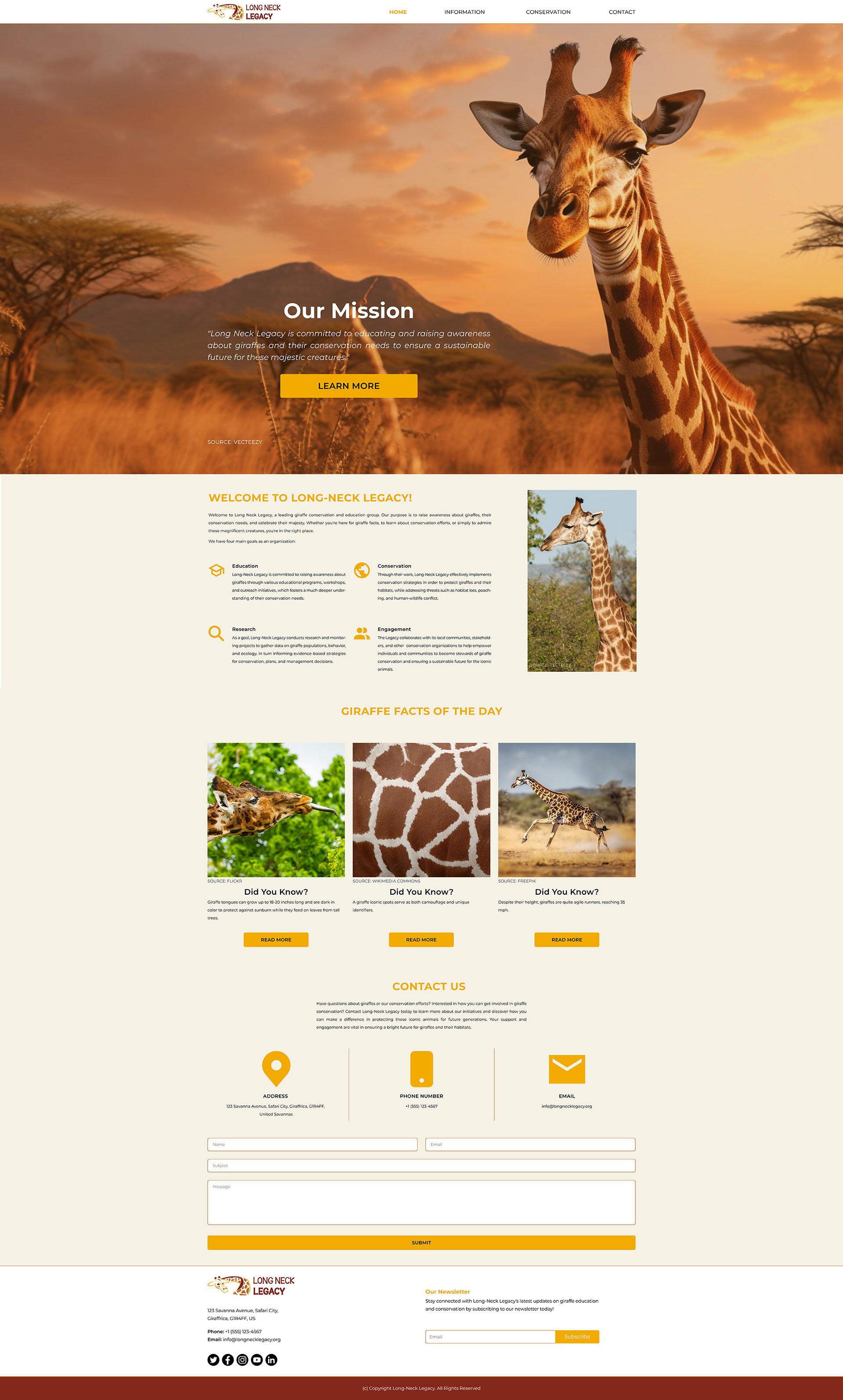 Image of the home/index page of the Long-Neck Legacy website optimized for an iMac screen, with a hero image featuring overlay text of their mission statement, the organization’s goals, giraffe facts of the day, and a contact form