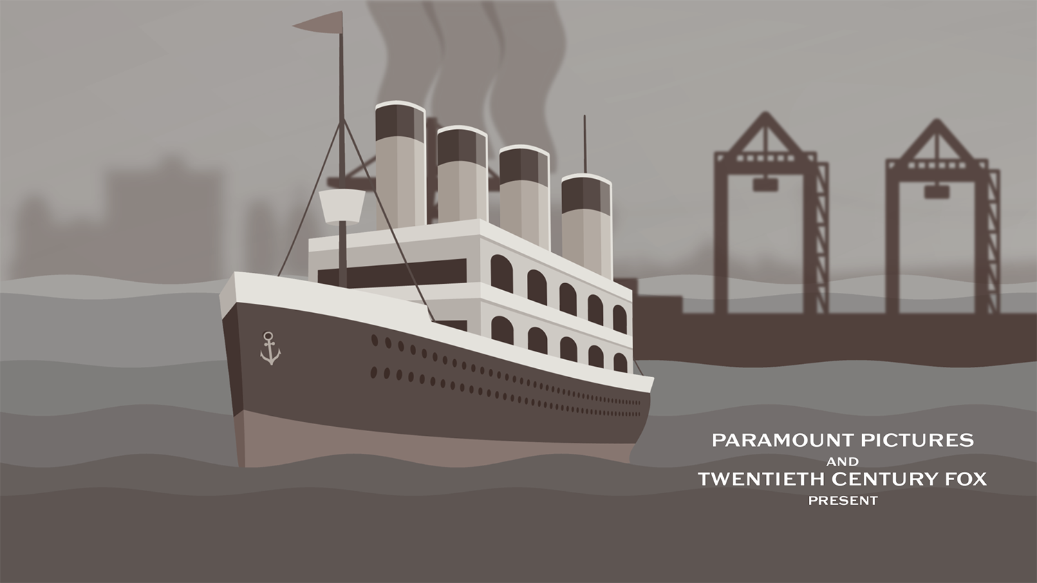 Frame capture of scene 01, shot 01 of animated Titanic Title Sequence, showing the ship at a port, gently rocking in the ocean waves, and text reading “Paramount Pictures and Twentieth Century Fox Present”
