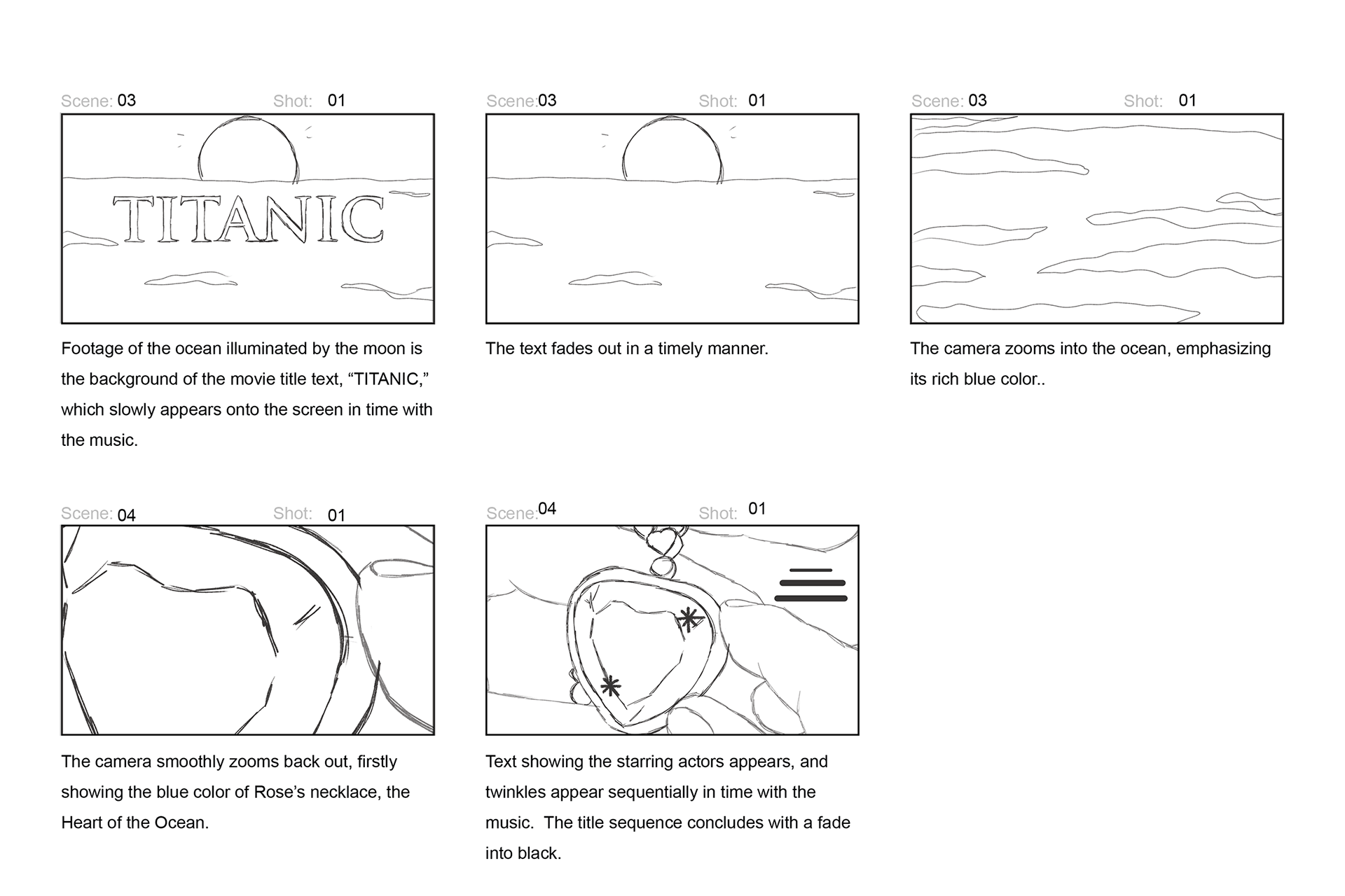 Image of the second page of the storyboard of the Titanic title sequence