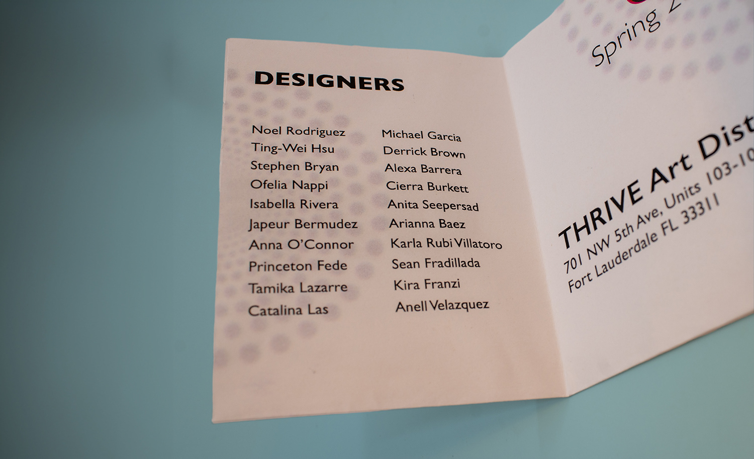 Image of a detail shot of the Offset exhibition invitation, showing the 20 designers featured in the showcase