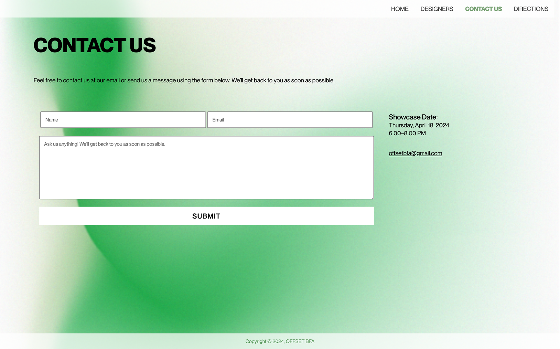 Image of the contact page of the Offset BFA Exhibition website, featuring a contact form with name, email, and text box fields, and a submit button; the exhibition date and time are also on this page