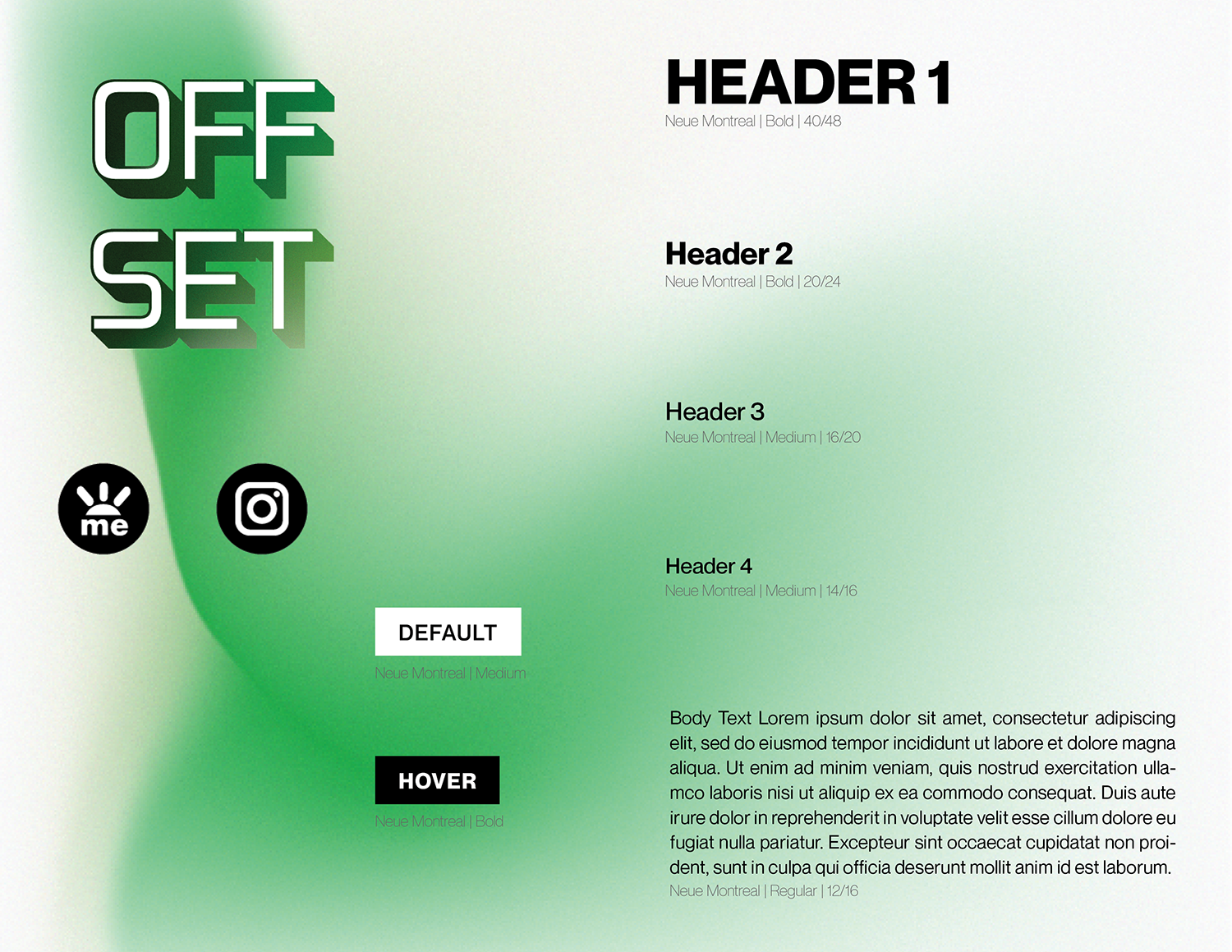 Image of the Offset BFA Exhibition website style guide, including the logo, typefaces, icons, buttons, and background image