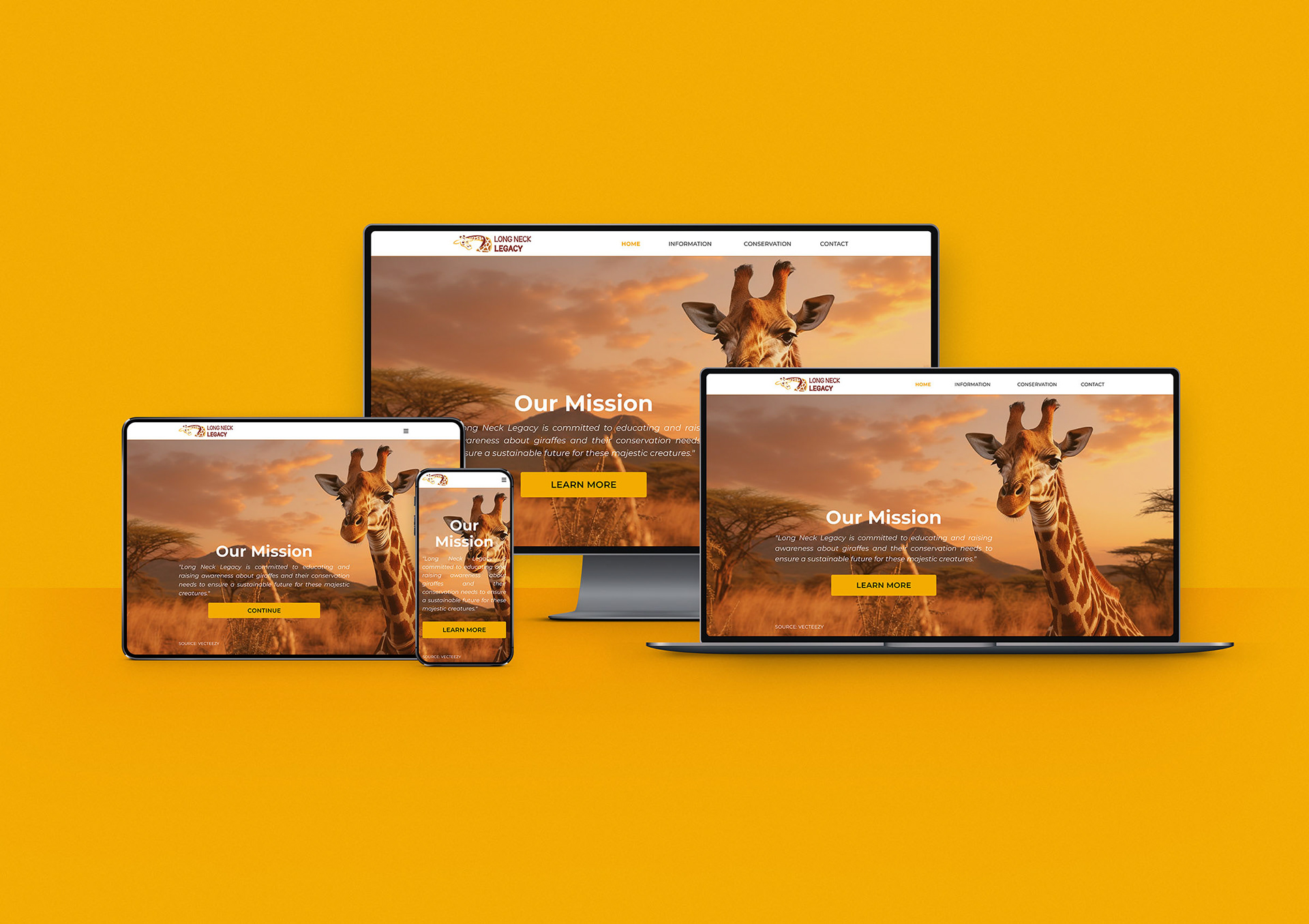 Image of a mockup of the Long-Neck Legacy website on a desktop, laptop, tablet, and mobile phone screen size, optimized for each