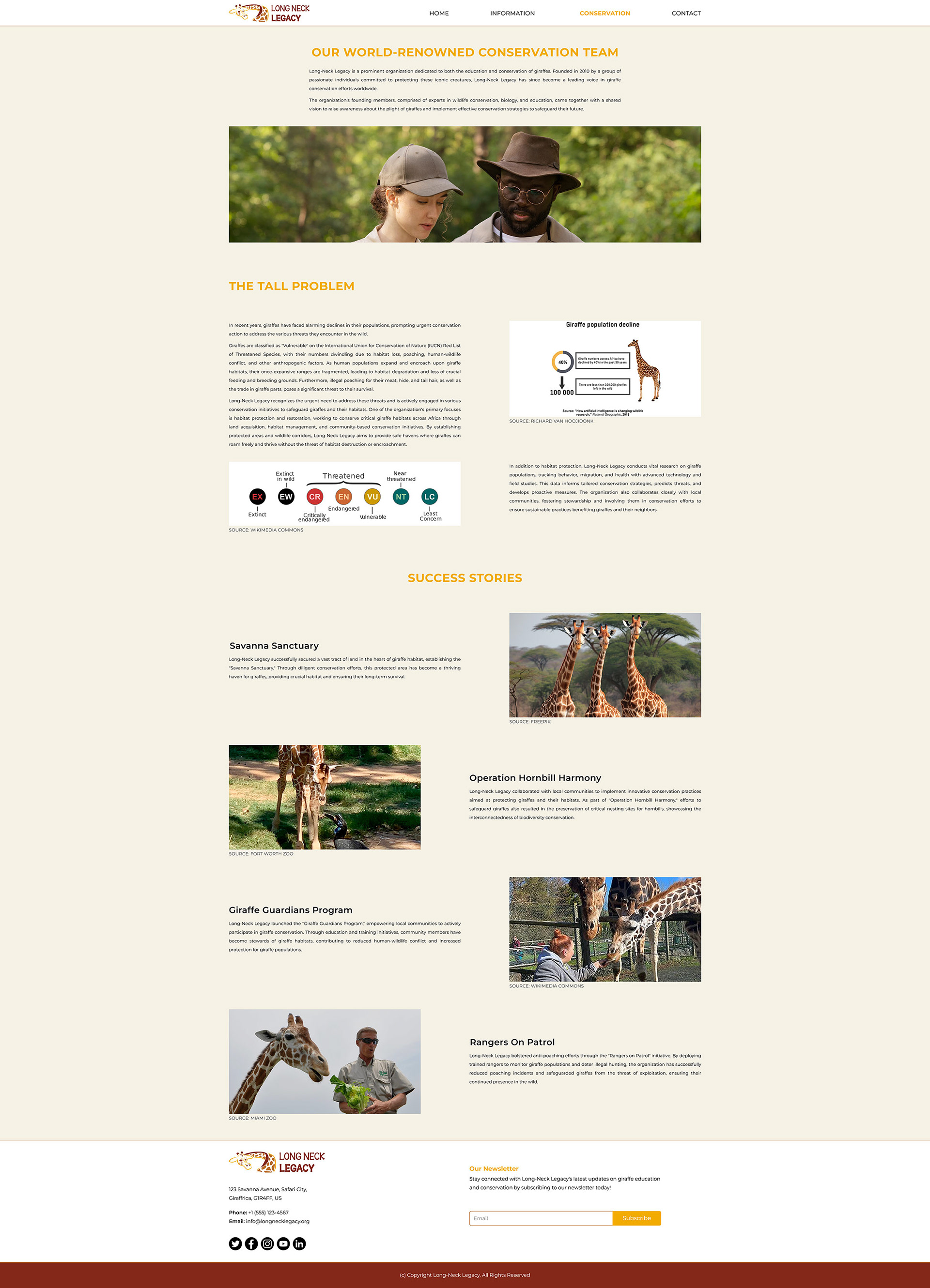 Image of the home/index page of the Long-Neck Legacy website optimized for a MacBook screen, with a hero image featuring overlay text of their mission statement, the organization’s goals, giraffe facts of the day, and a contact form
