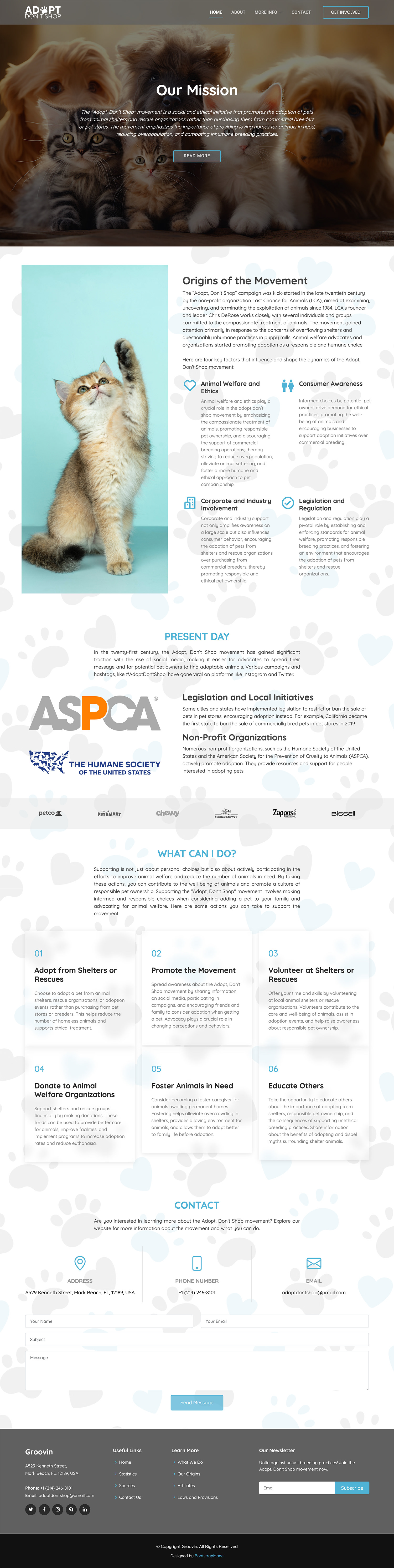 Image of the home/index page of the Adopt, Don’t Shop social awareness website, with a hero image featuring overlay text of their mission statement, the movement’s origins, their present-day actions, information on what users can do for the organization, and a contact form