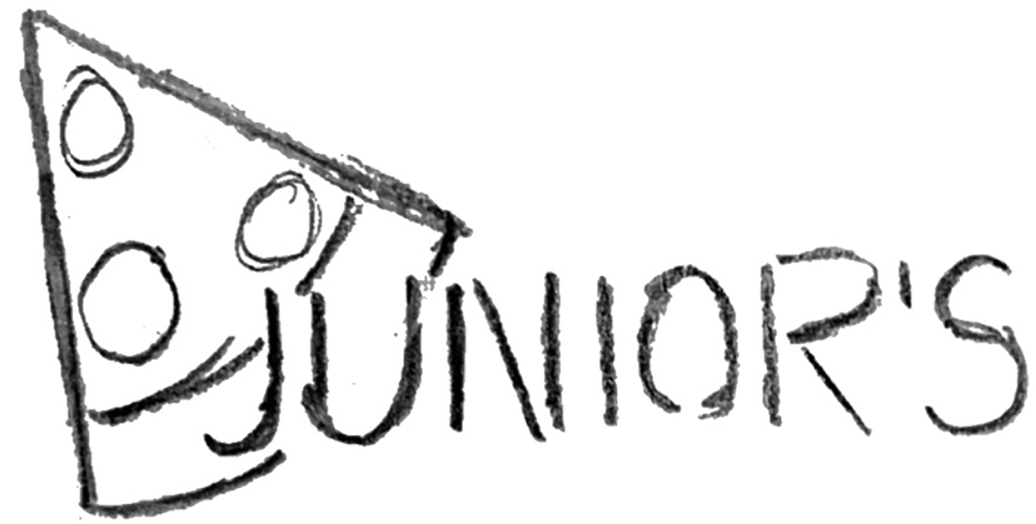 Image of the third manual sketch of the Junior's Pizza, Subs & Wings logo
