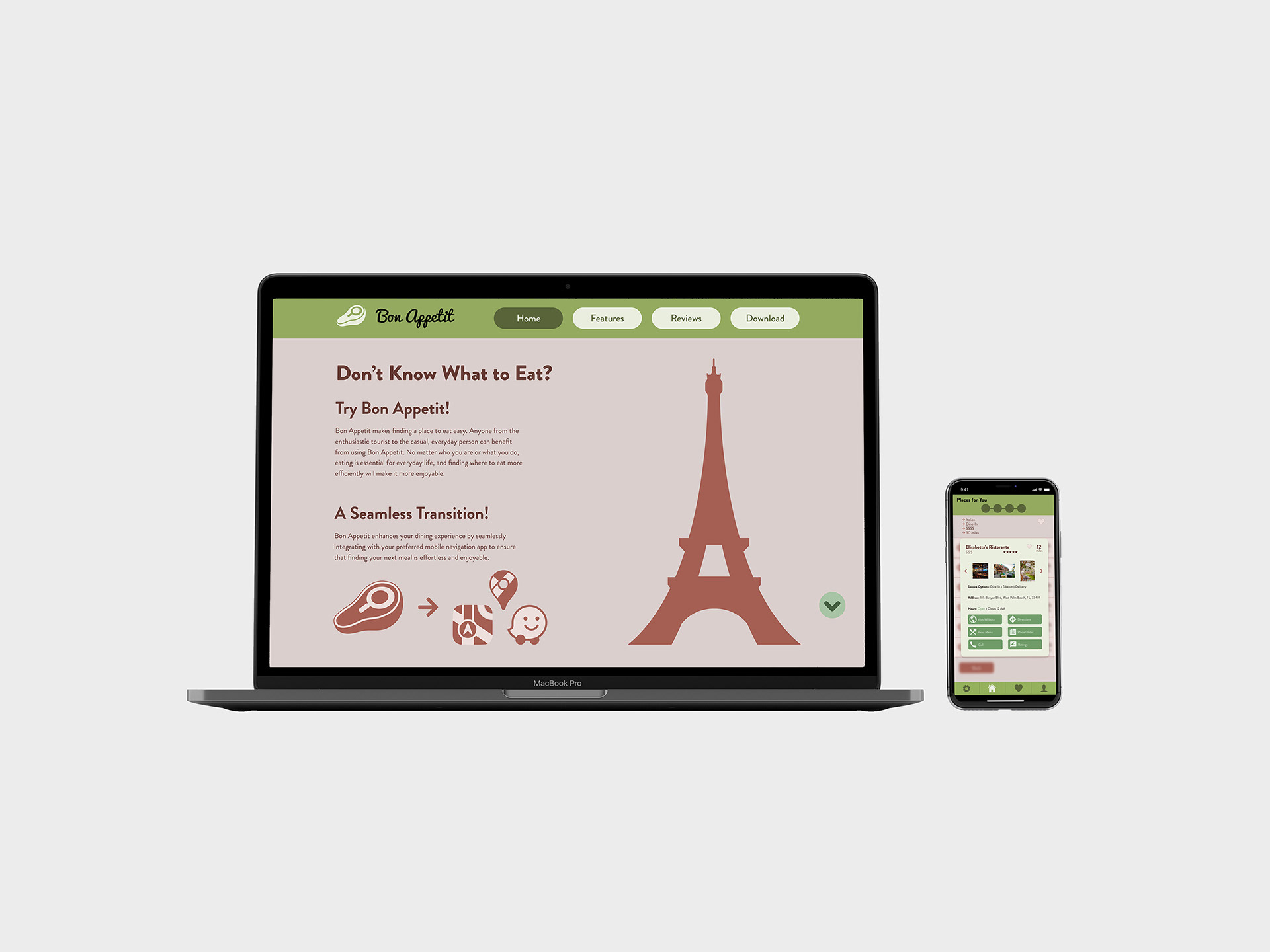 Mock-up of a laptop featuring the top of the Bon Appetit application promotion landing page and an iPhone mockup featuring the startup screen of the Bon Appetit application