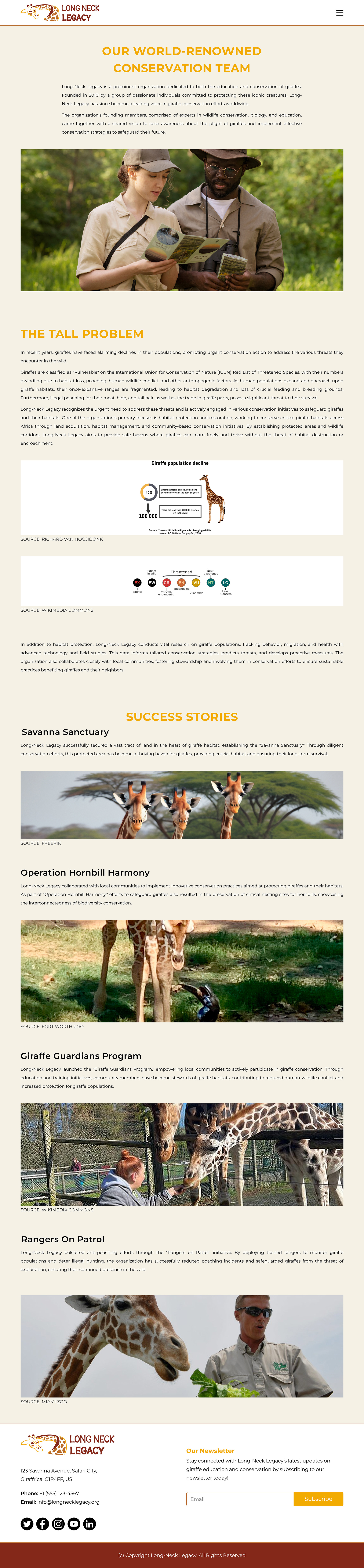 Image of the Conservation page of the Long-Neck Legacy website optimized for a portrait orientation iPad Pro screen, with sections about the organization’s conservation team, giraffe endangerment, and Long-Neck Legacy’s conservation success stories