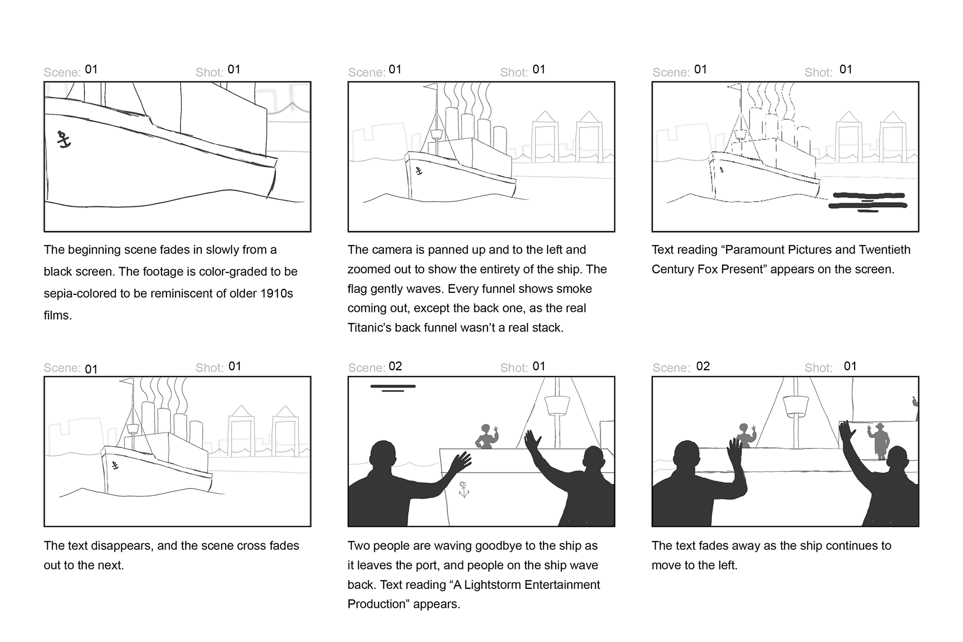 Image of the first page of the storyboard of the Titanic title sequence