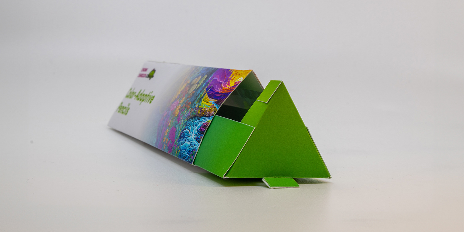Image of a ¾ view of the Chroma Chameleon package design, with the slider opened halfway, showcasing the vibrant gradient