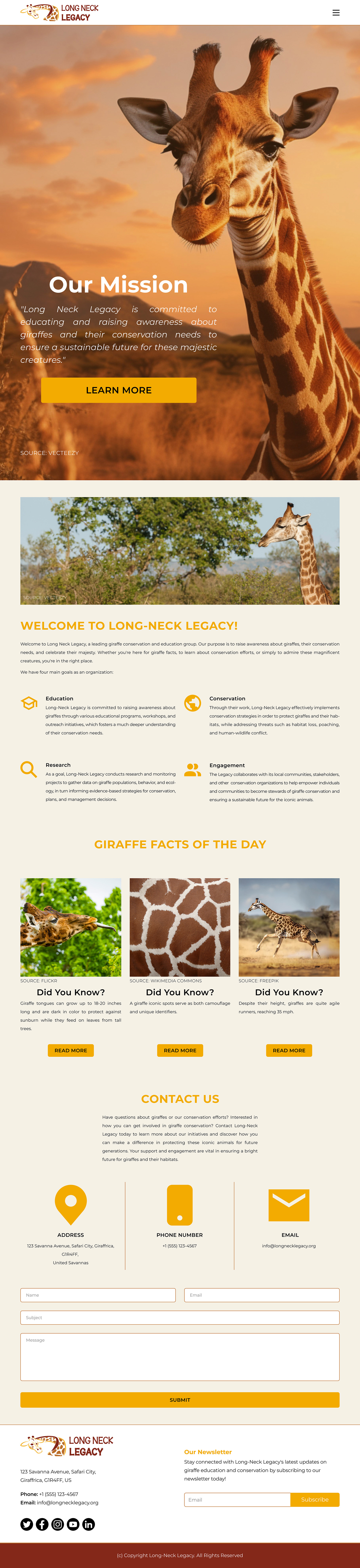 Image of the home/index page of the Long-Neck Legacy website optimized for a portrait orientation iPad Pro screen, with a hero image featuring overlay text of their mission statement, the organization’s goals, giraffe facts of the day, and a contact form