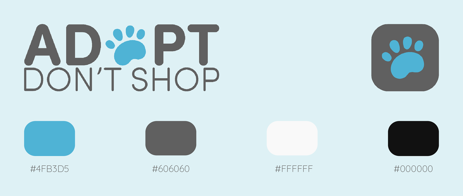 Image of the Adopt, Don’t Shop social awareness website style guide, including the logo, favicon, and color palette