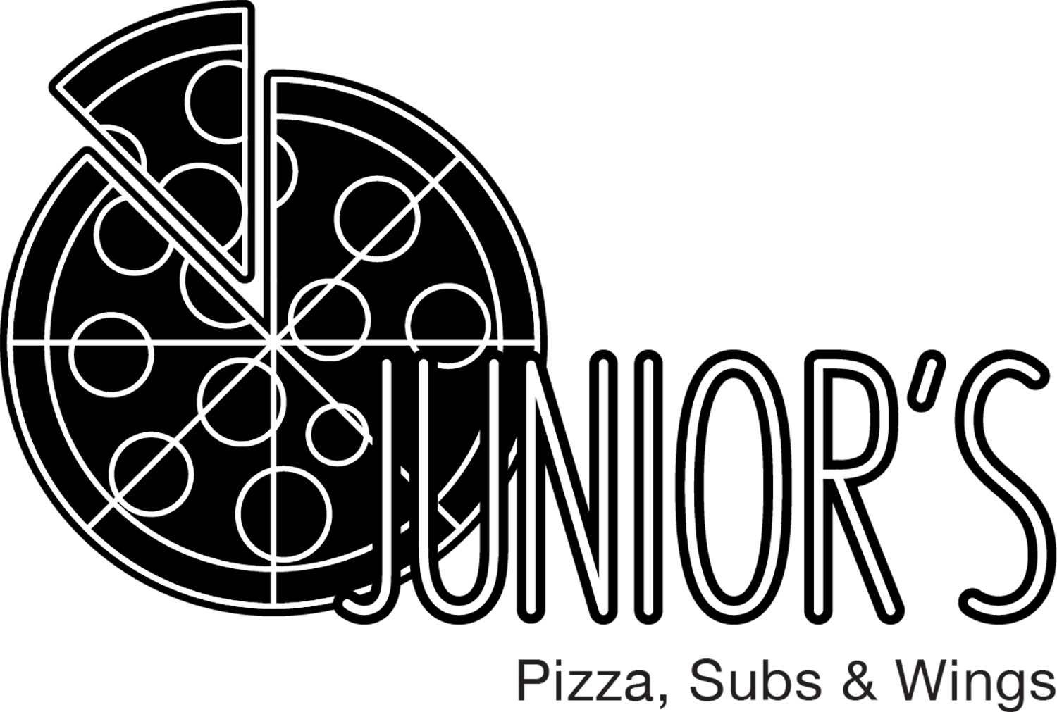 Image of Junior’s Pizza, Subs & Wings black and white logo redesign