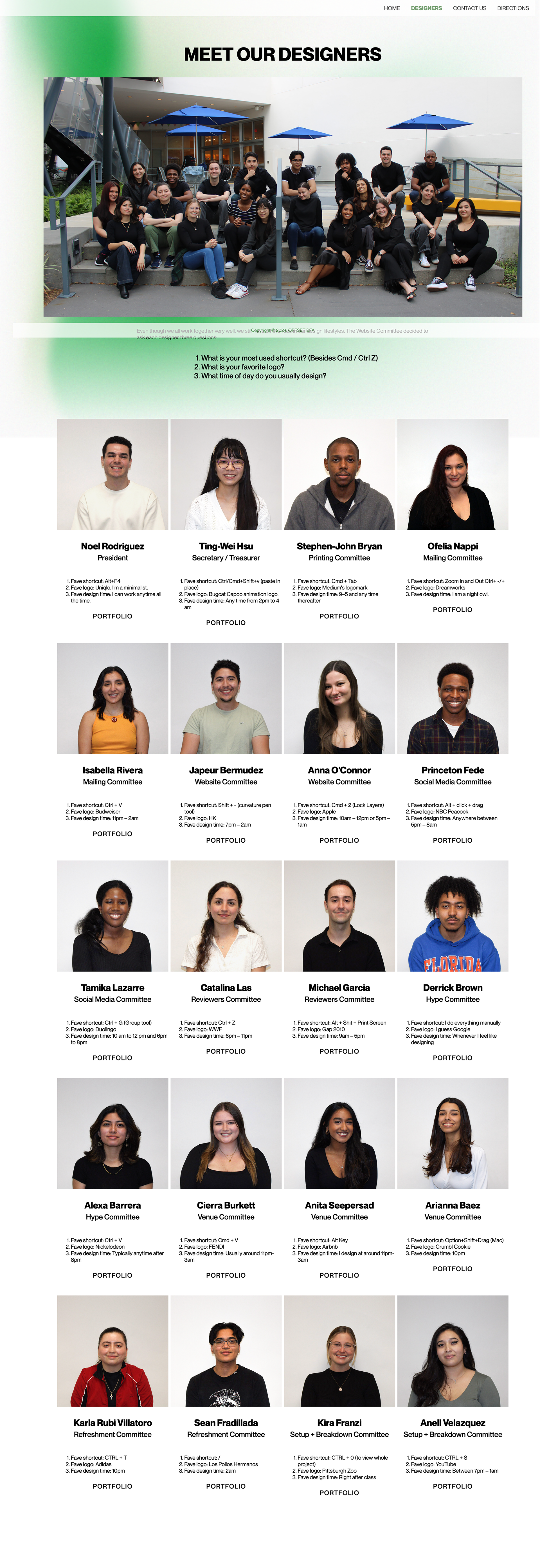 Image of the designers page of the Offset BFA Exhibition website, featuring the group image and each of the 20 designers’ name, committee, and answers to three questions asked by the website committee