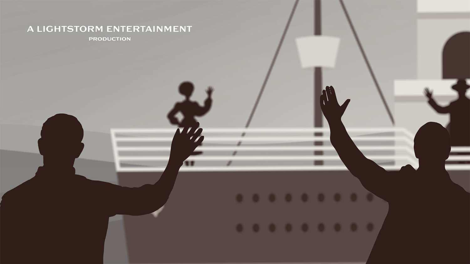 Frame capture of scene 02, shot 01 of animated Titanic Title Sequence, showing two people waving goodbye to the ship as it leaves port, with three people waving back aboard the ship and text reading “A Lightstorm Entertainment Production”
