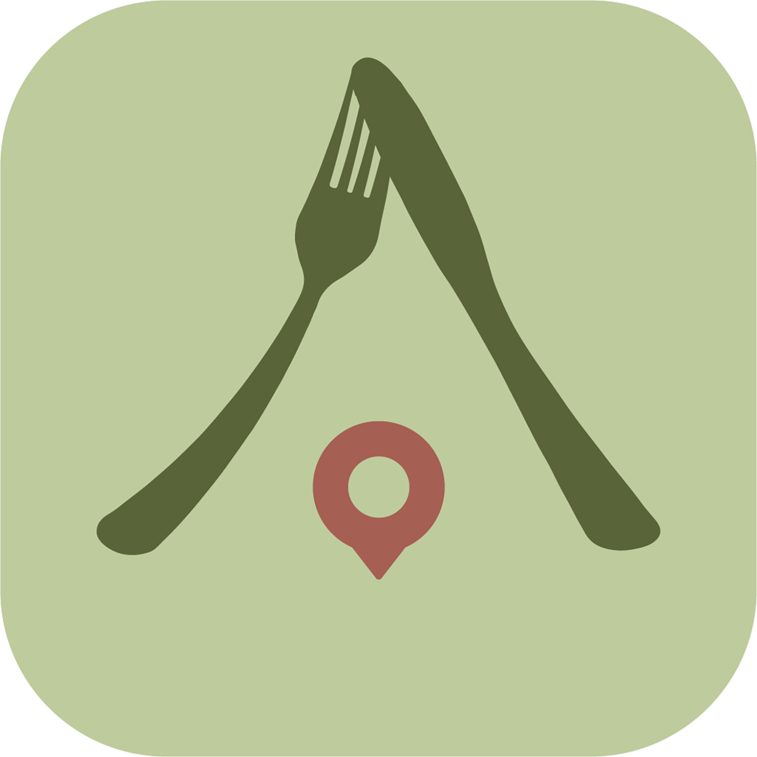 Image of first Bon Appetit application icon concept, with a fork and knife forming an “A” and a location pin symbol in the center