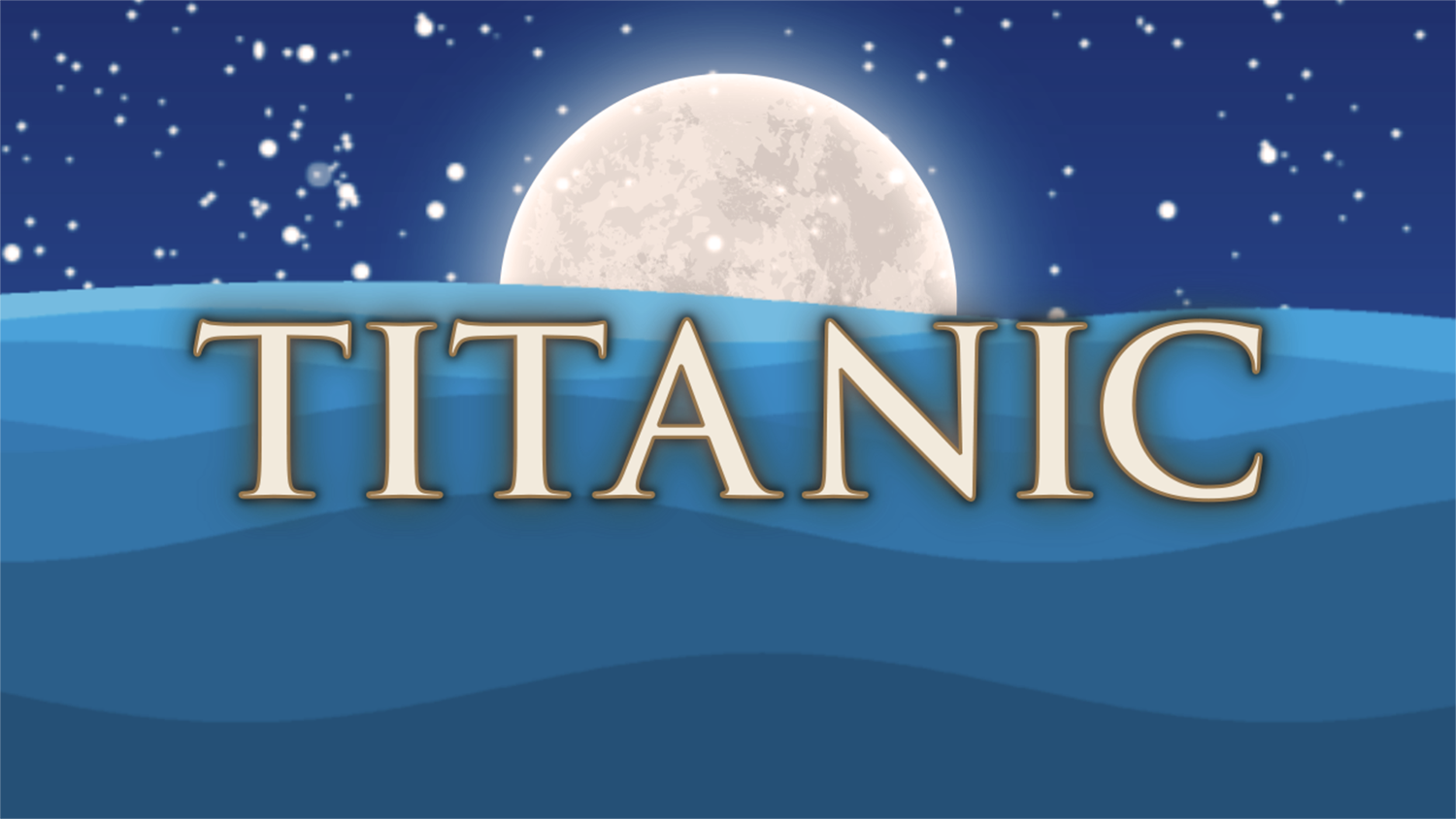 Frame capture of scene 03, shot 01 of animated Titanic Title Sequence, where the ocean illuminated by the moon is the background of the movie title text, “TITANIC”