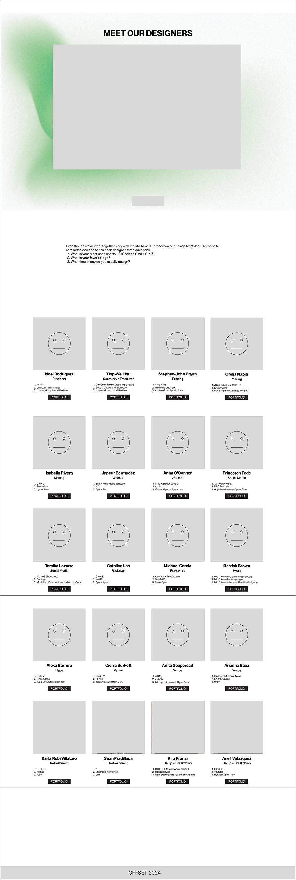 Image of the wireframe of the designers page of the Offset BFA Exhibition website