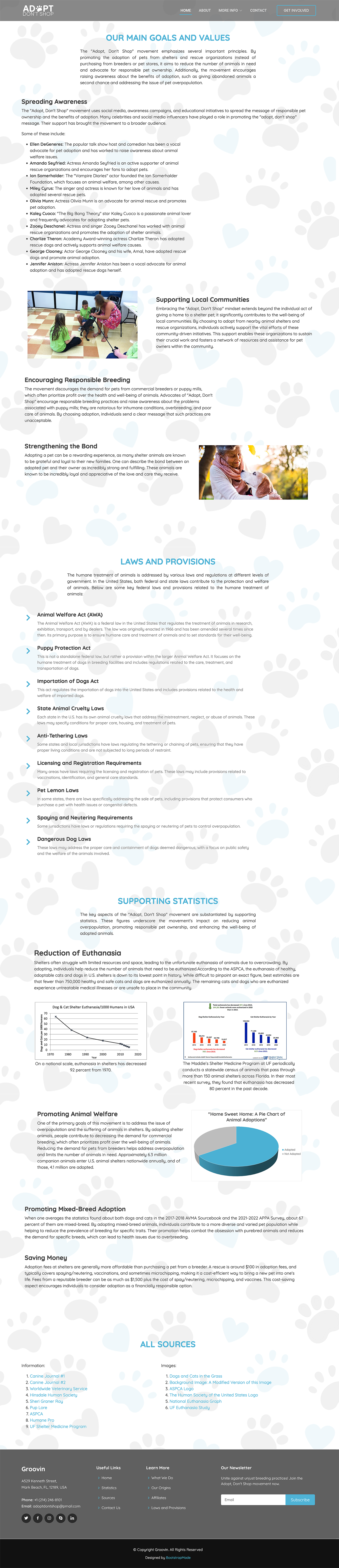 Image of the inner page of the Adopt, Don’t Shop social awareness website, talking about the campaign’s main goals, laws and provisions, and supporting statistics