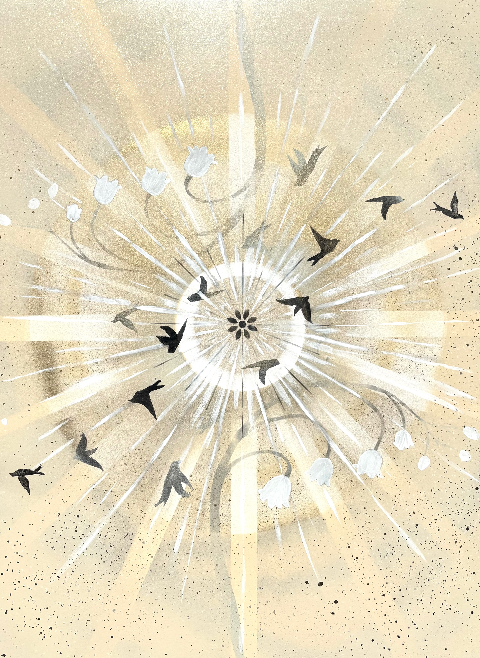 Sounds of a Mourning Dove, 2026, Ink, Spray Paint, Acrylic, on Paper, 18" x 24" x 0.1"